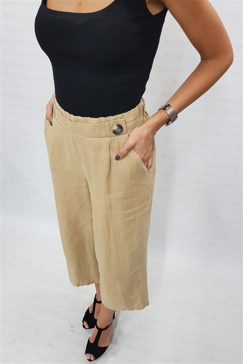 Düğme Detay Midi Camel Keten Pantalon