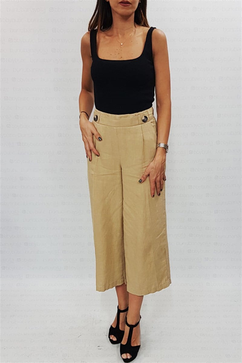 Düğme Detay Midi Camel Keten Pantalon
