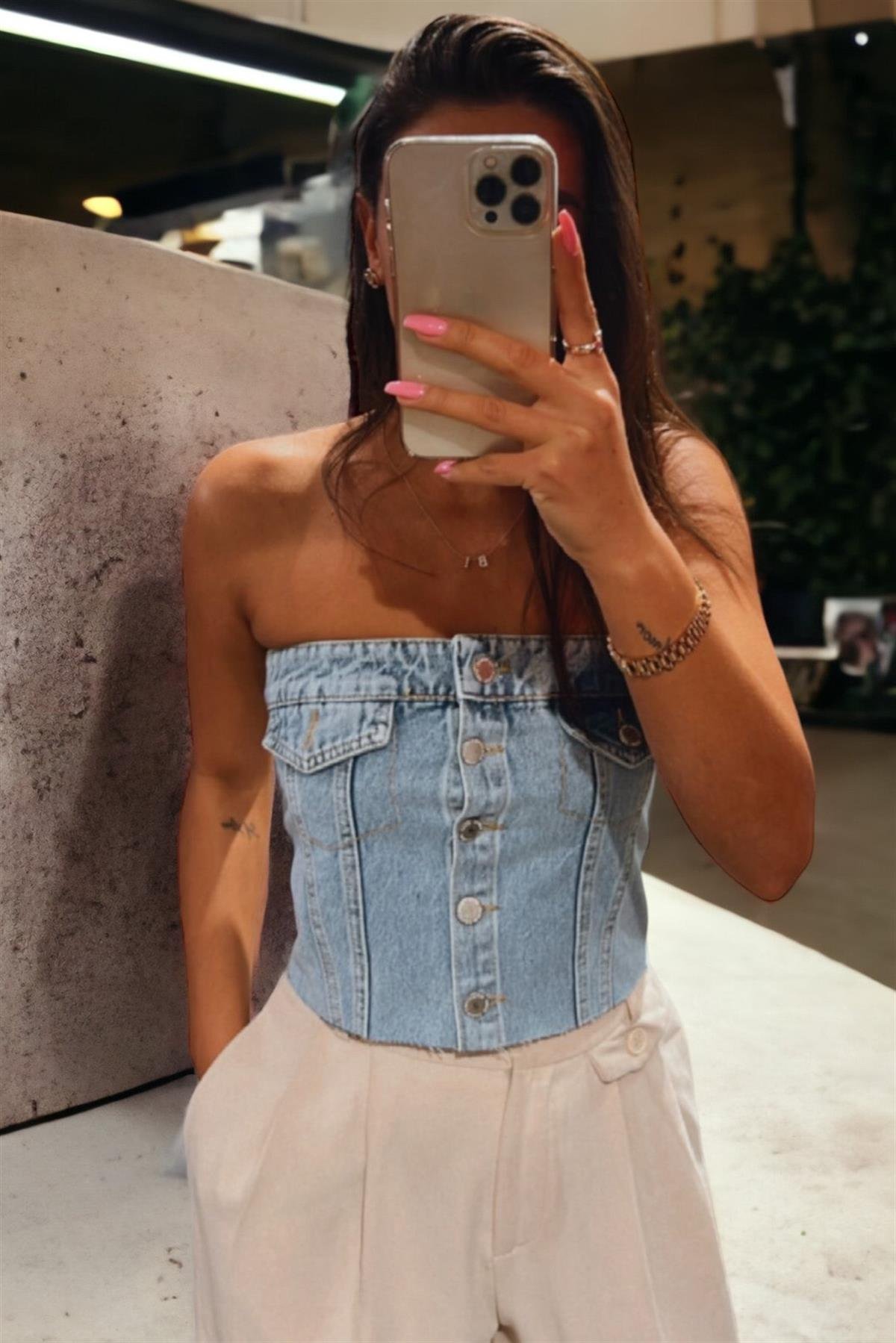 Düğmeli Denim Straplez BluzBLUZ