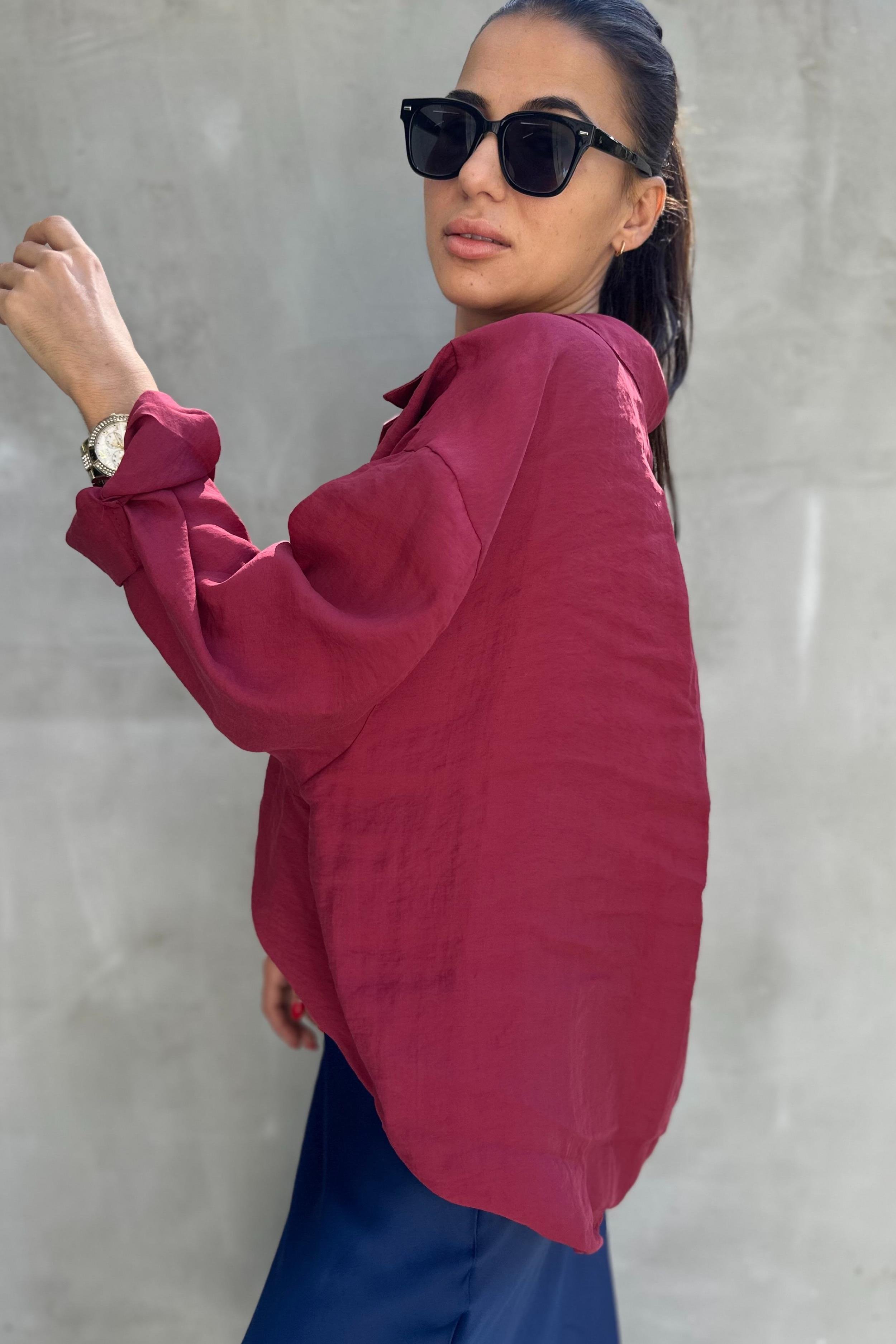 Düşük Omuz Oversize Bordo GömlekGÖMLEK