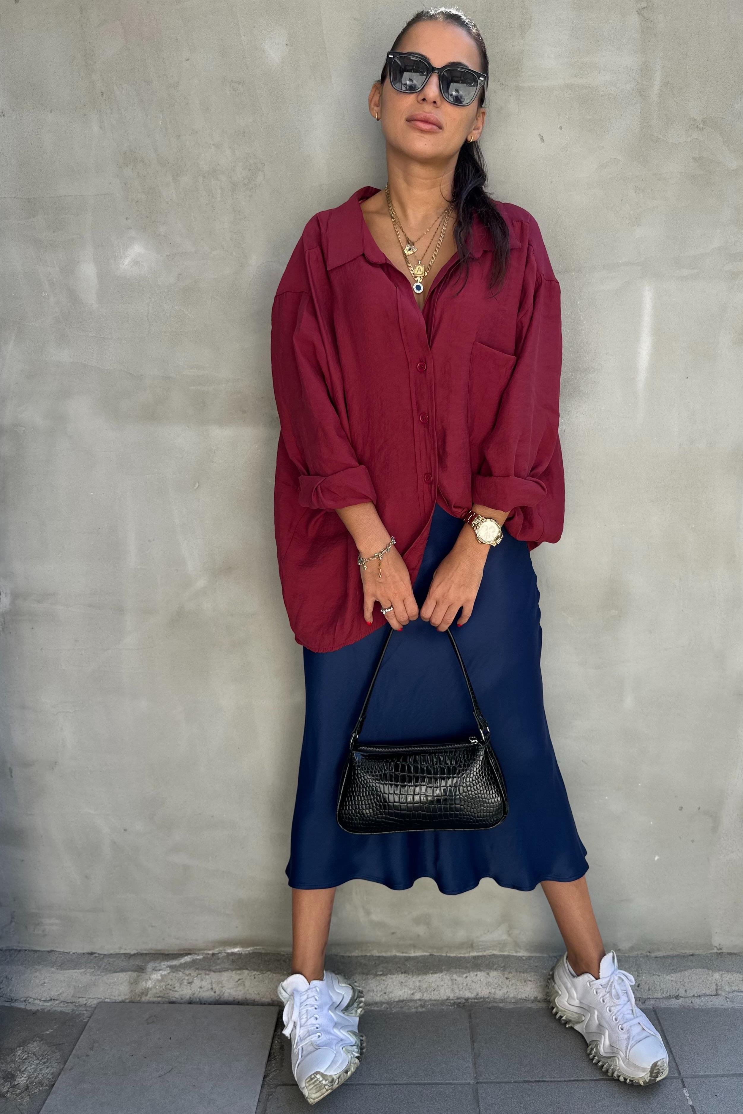 Düşük Omuz Oversize Bordo GömlekGÖMLEK