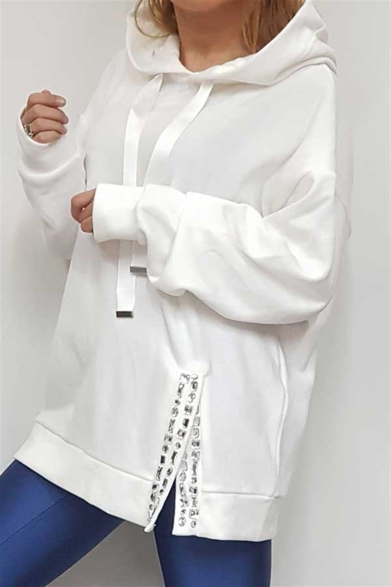 Eteği Taş Detaylı Kapşonlu Sweatshirt