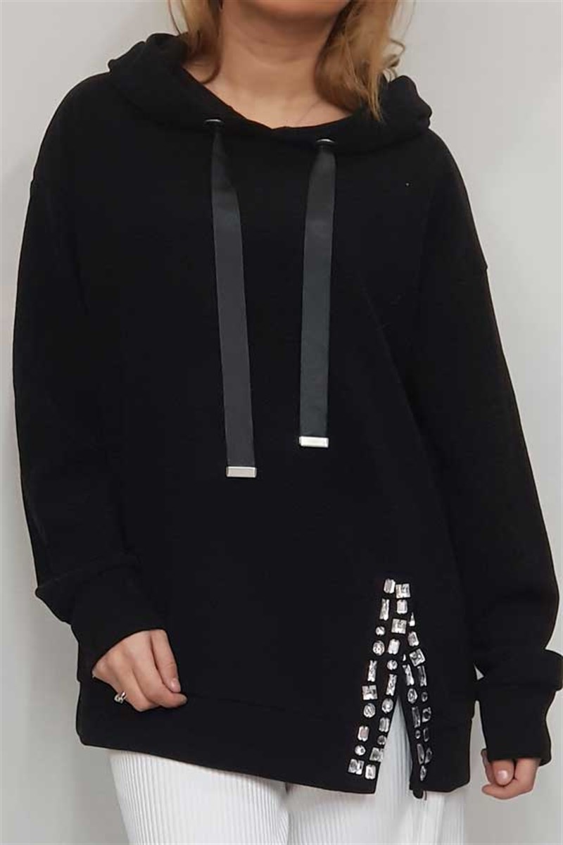 Eteği Taş Detaylı Kapşonlu Sweatshirt