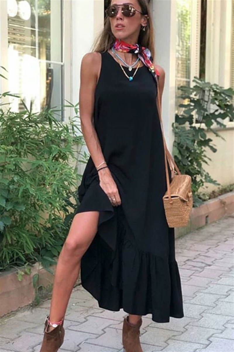 Eteği Volanlı Sıfır Kol Midi Siyah Elbise