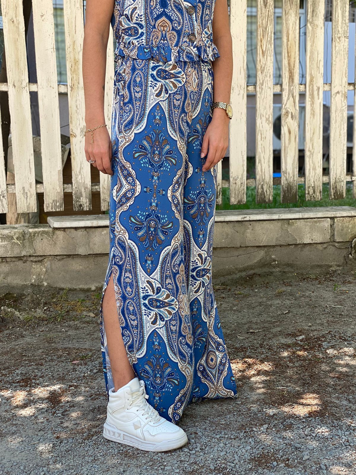 Etnik Desen Yırtmaçlı Pantolon Bluz TakımTAKIMLAR