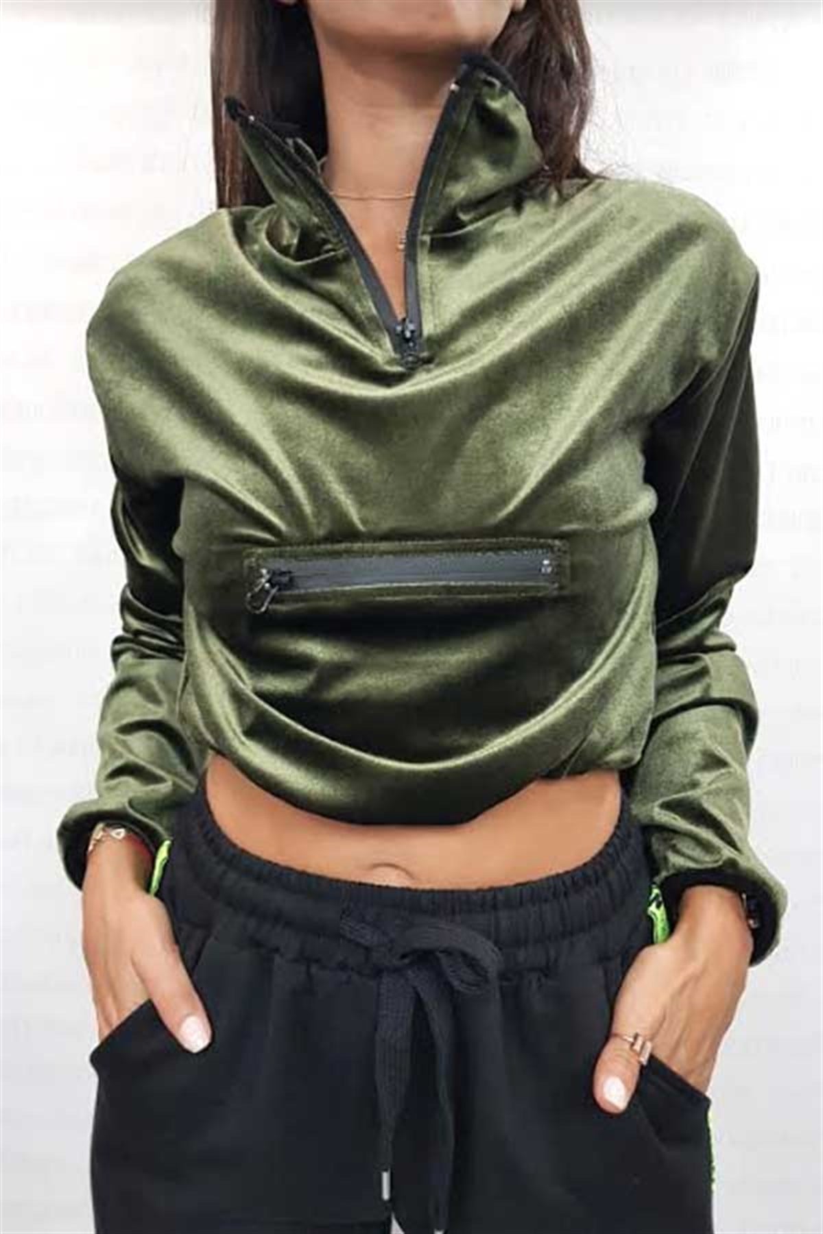 Fermuar Detay Büzgülü Bel Kadife Sweatshirt