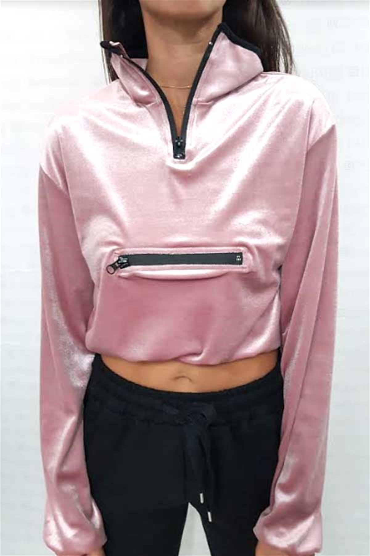 Fermuar Detay Büzgülü Bel Kadife Sweatshirt