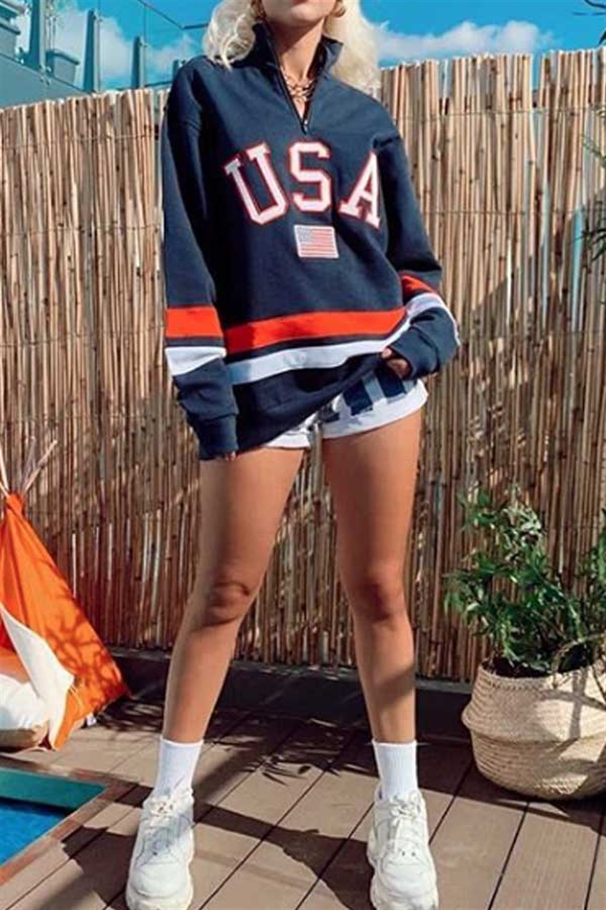 Fermuar Detay USA Sweatshirt