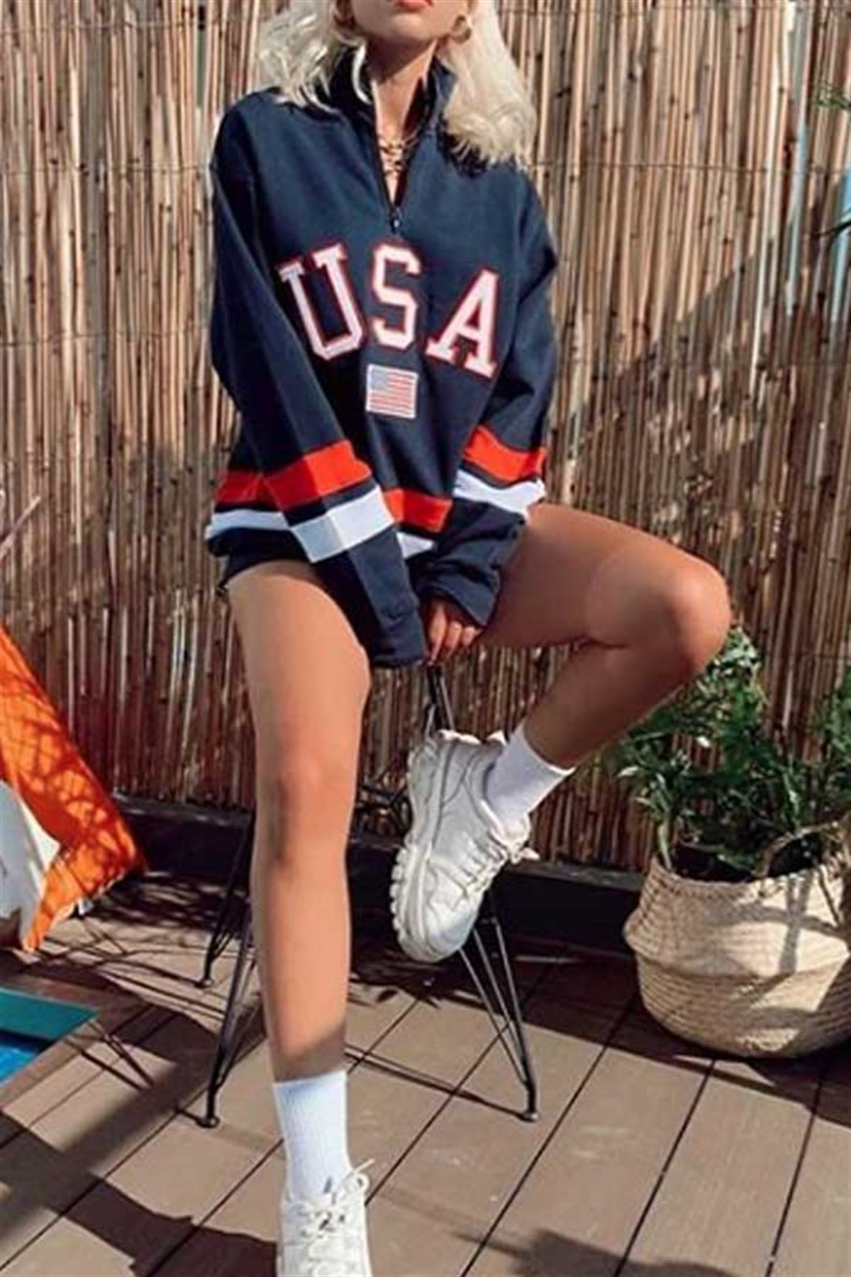 Fermuar Detay USA Sweatshirt