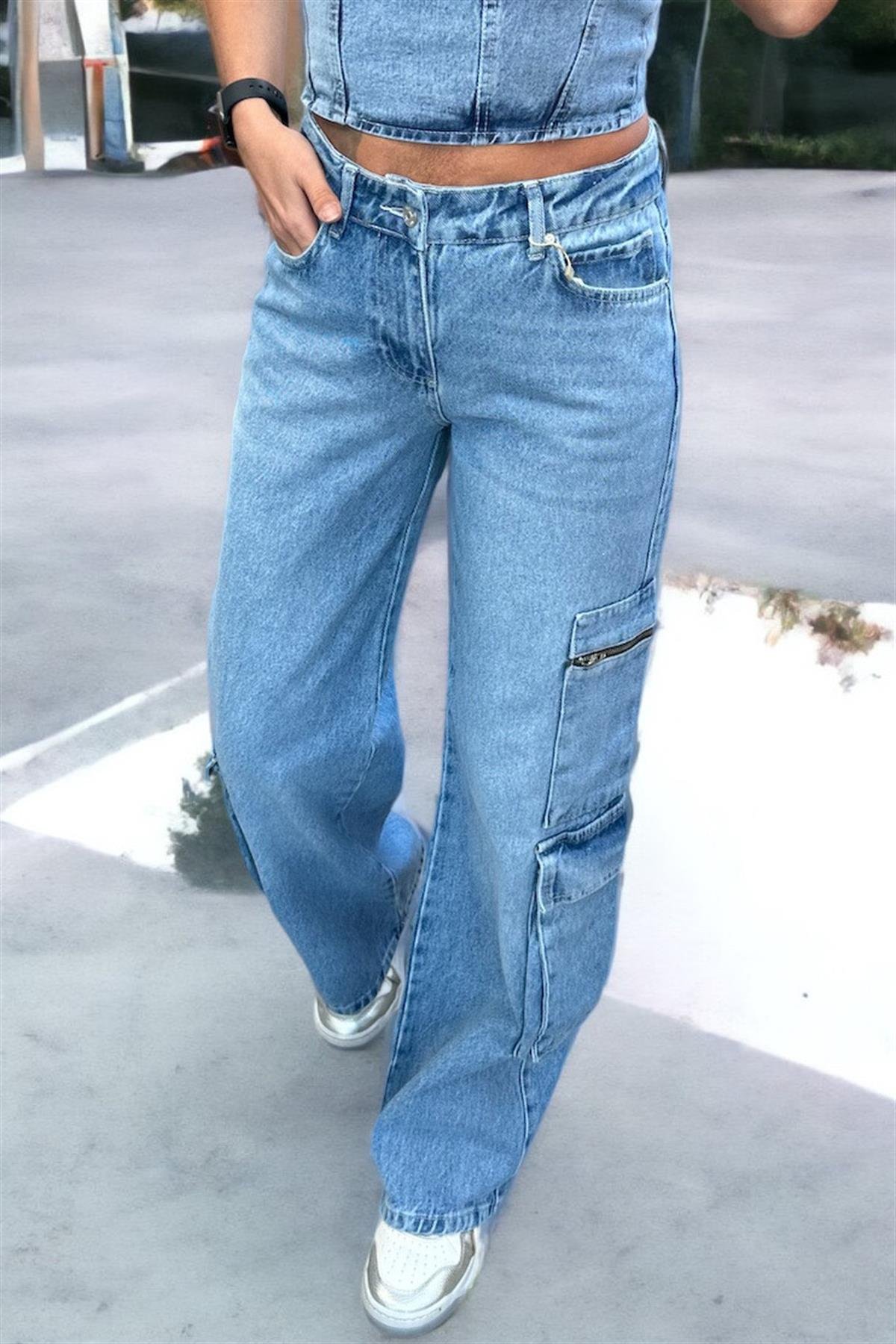 Fermuar Detaylı Denim KargoJEAN