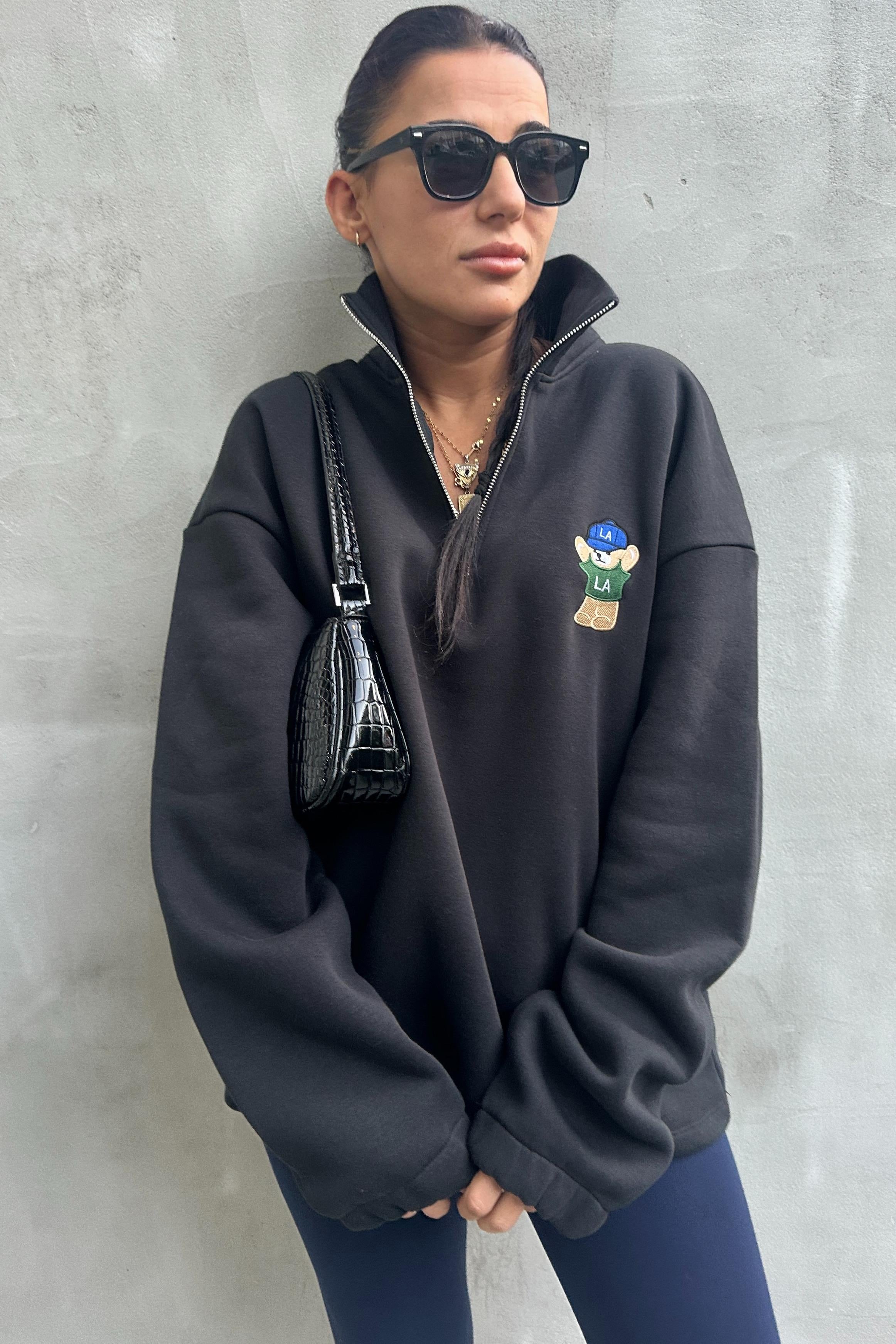 Fermuarlı Ayıcıklı Siyah SweatshirtSWEATSHİRT