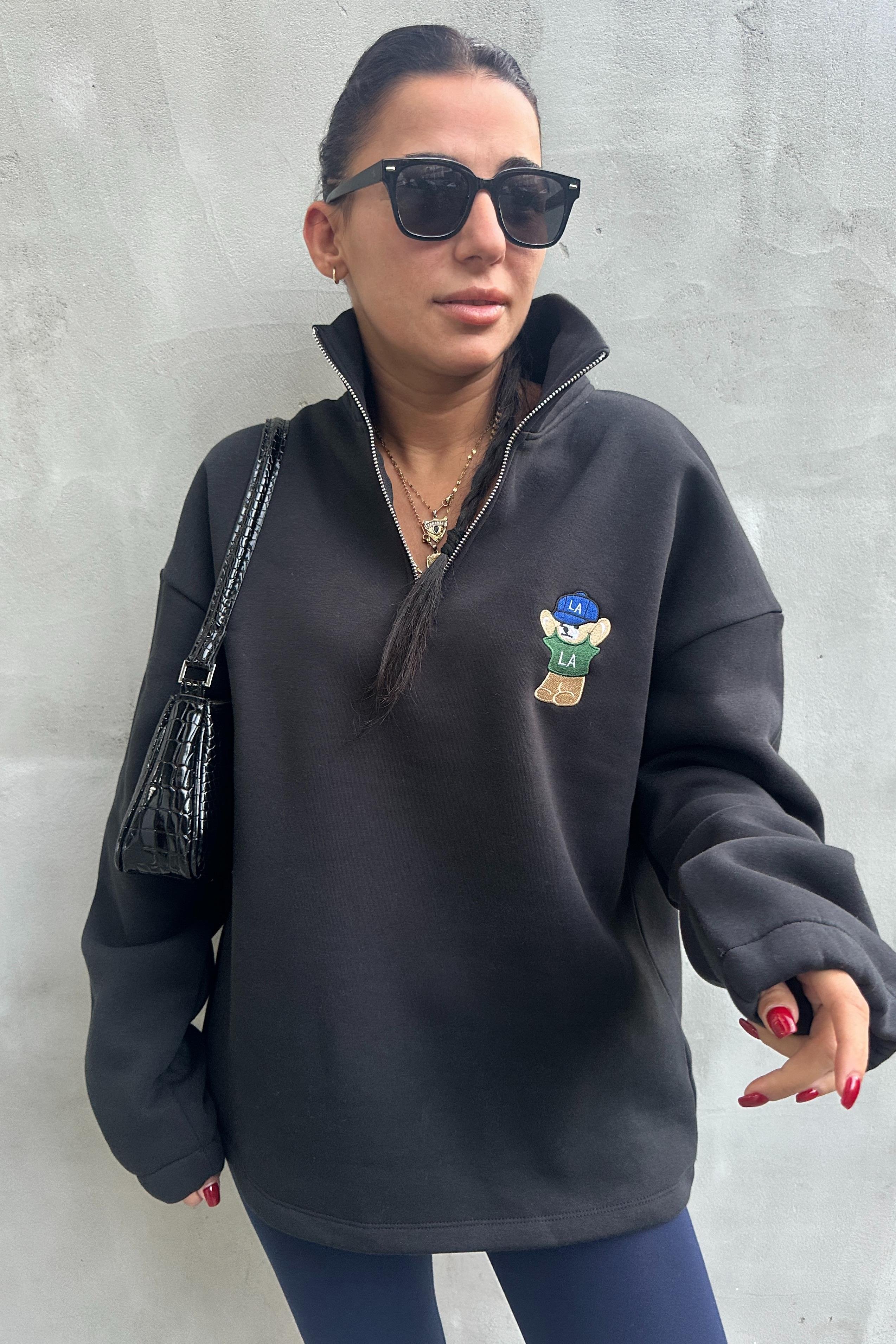Fermuarlı Ayıcıklı Siyah SweatshirtSWEATSHİRT