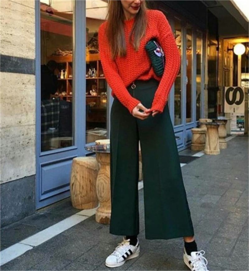 Fermuarlı Geniş Paça Yeşil Midi Pantalon