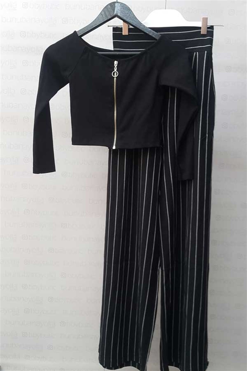 Fermuarlı Siyah Crop Bluz