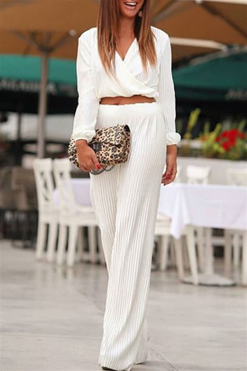 Fitilli Kadife Kruvaze Bluz Pantalon Takım