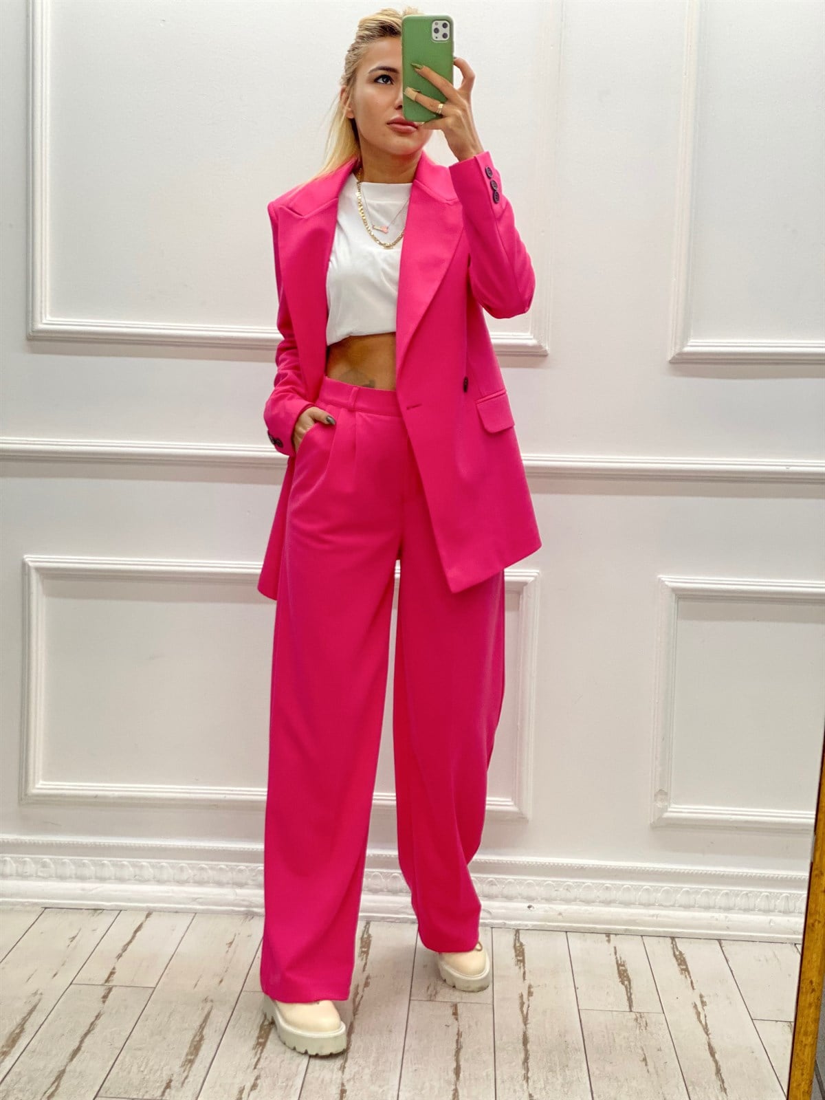 Fuşya Blazer Palazzo Pantolon TakımTAKIMLAR