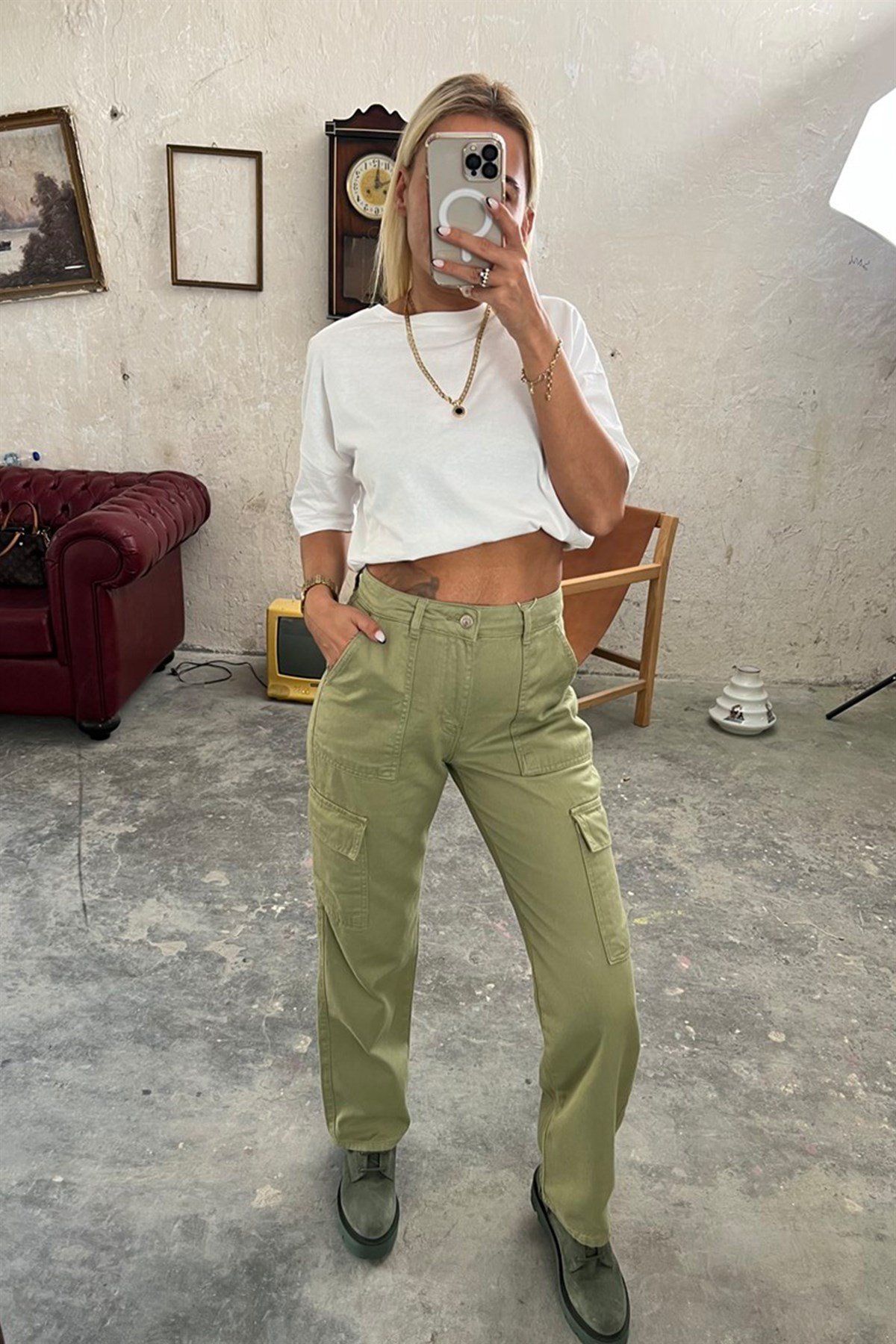 Gabardin Haki Kargo PantolonPANTOLON