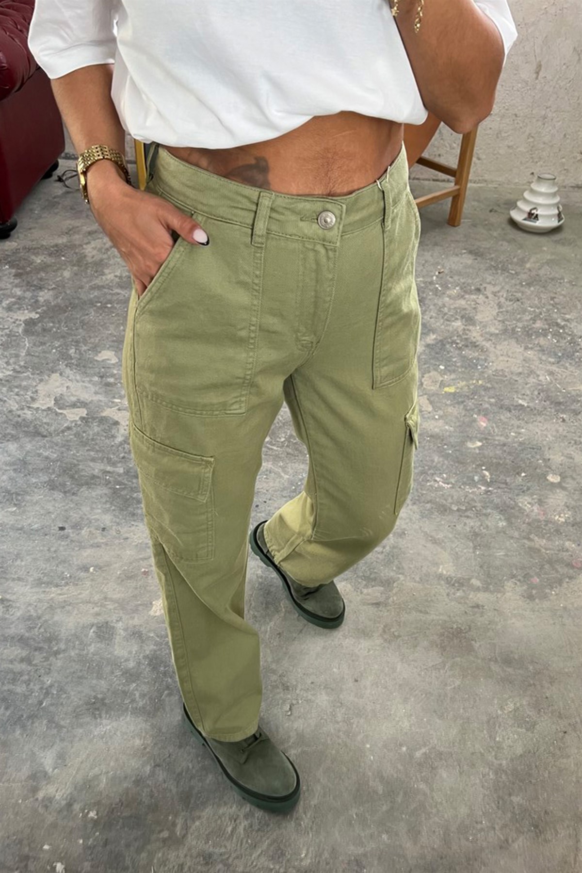 Gabardin Haki Kargo PantolonPANTOLON