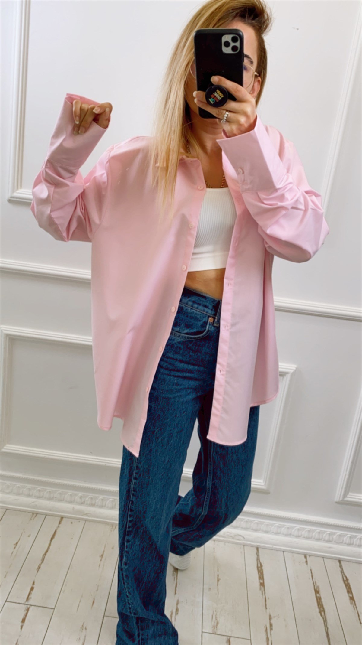 Geniş Manşetli Oversize Pembe Gömlek