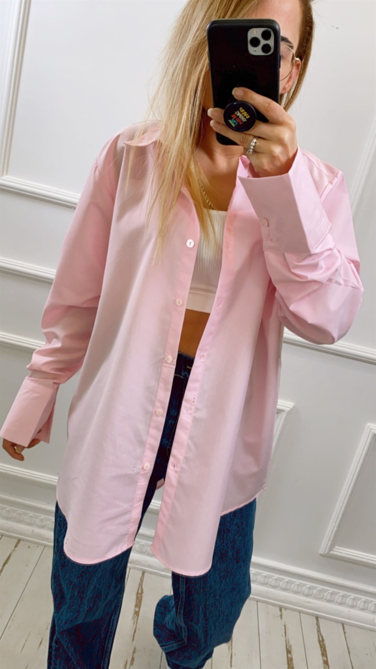 Geniş Manşetli Oversize Pembe Gömlek