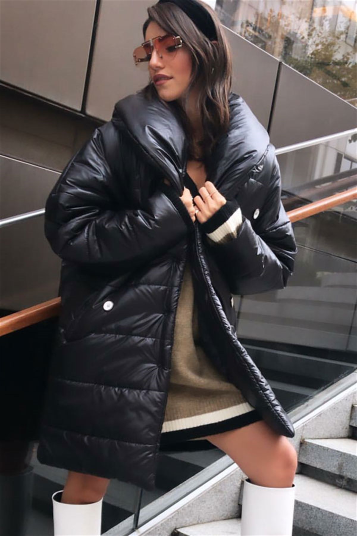 Geniş Yaka Oversize Şişme Mont