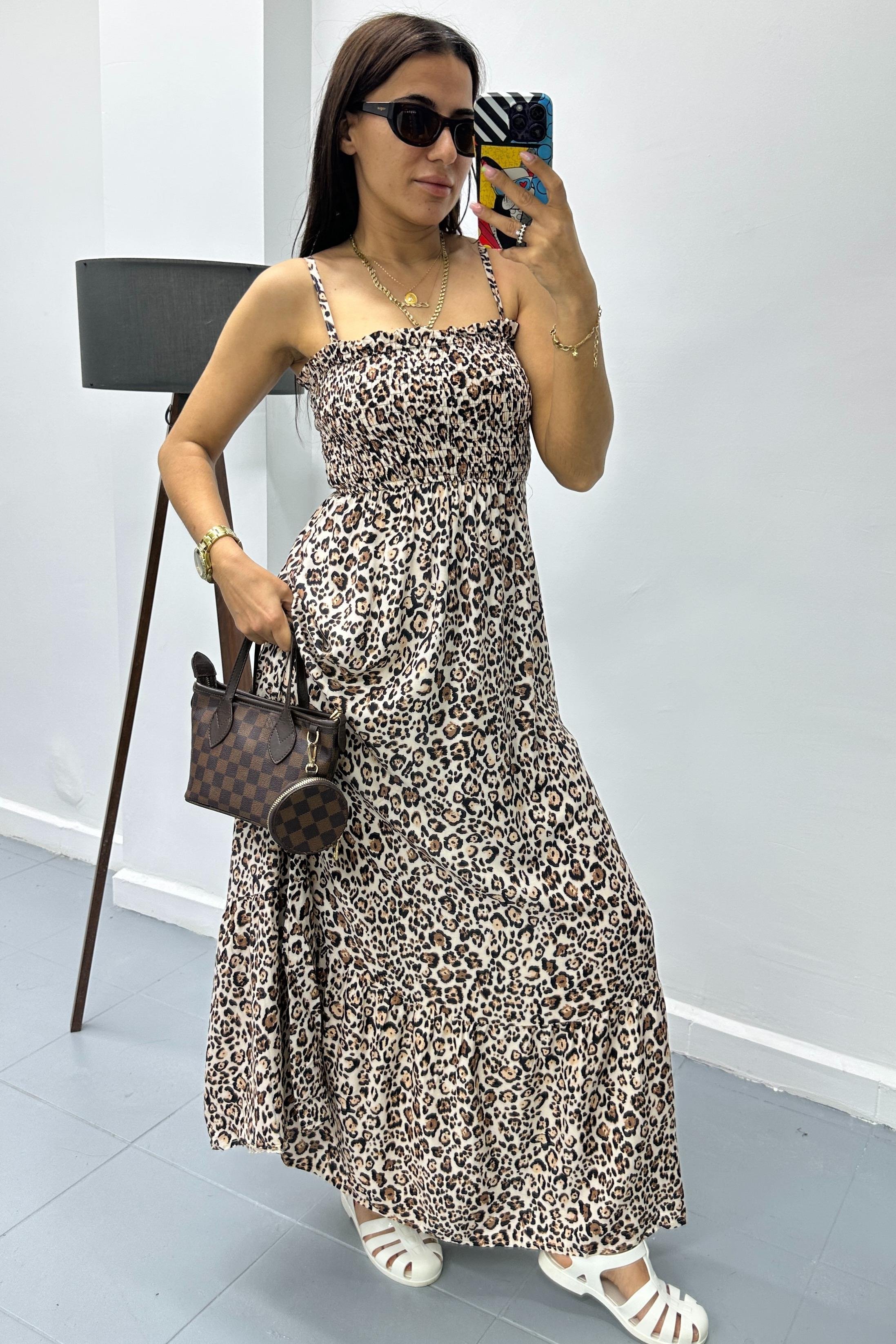 Gipeli Leopar Desen Askılı Uzun ElbiseELBİSE