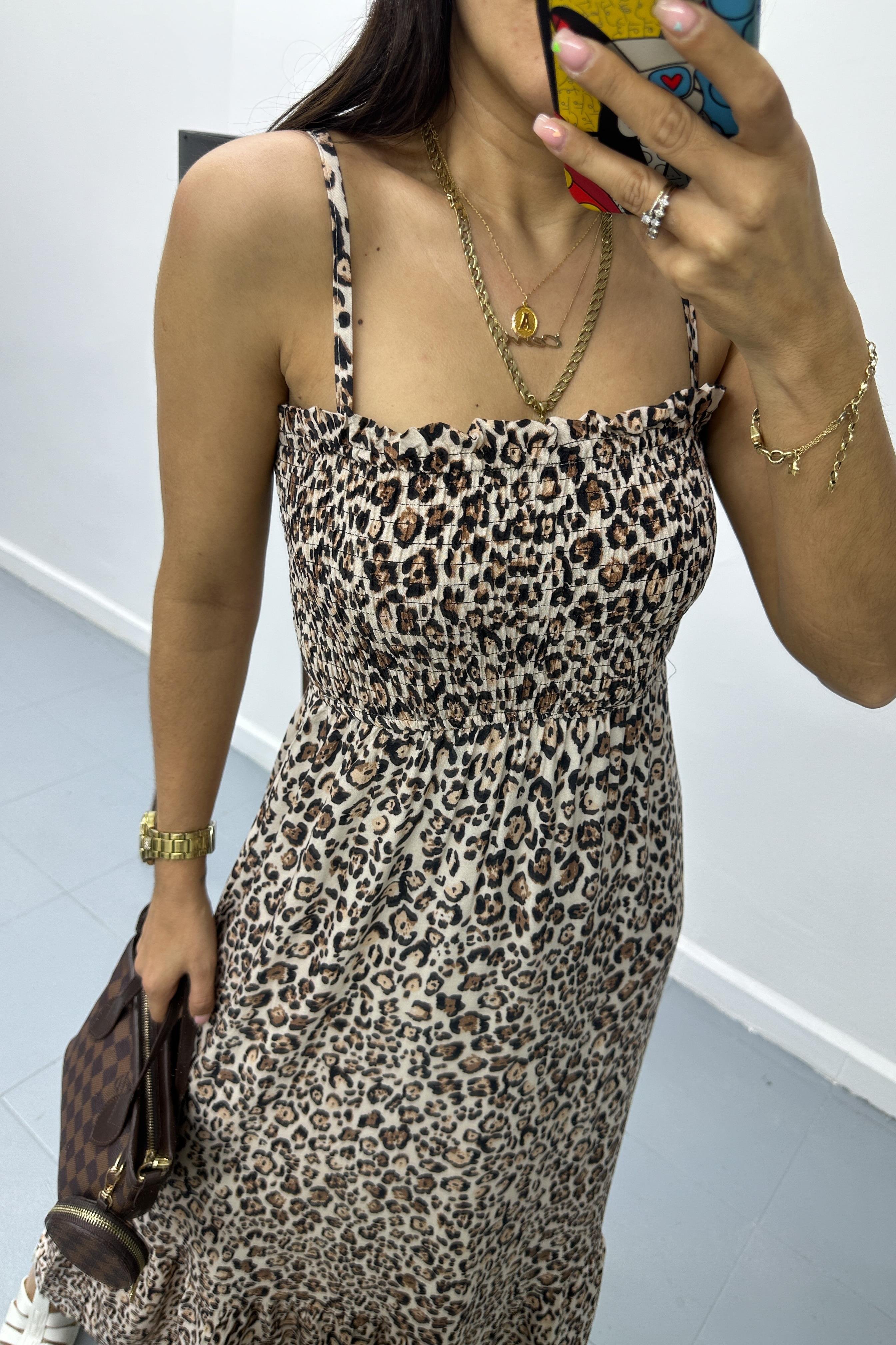 Gipeli Leopar Desen Askılı Uzun ElbiseELBİSE