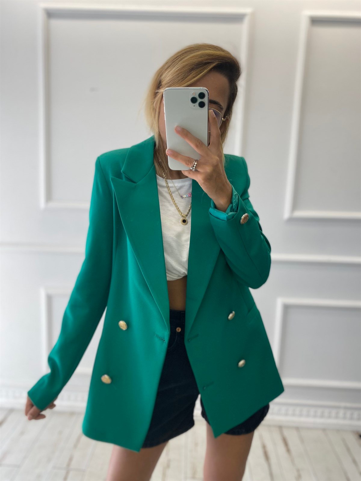 Gold Düğmeli Yeşil Blazer Ceket