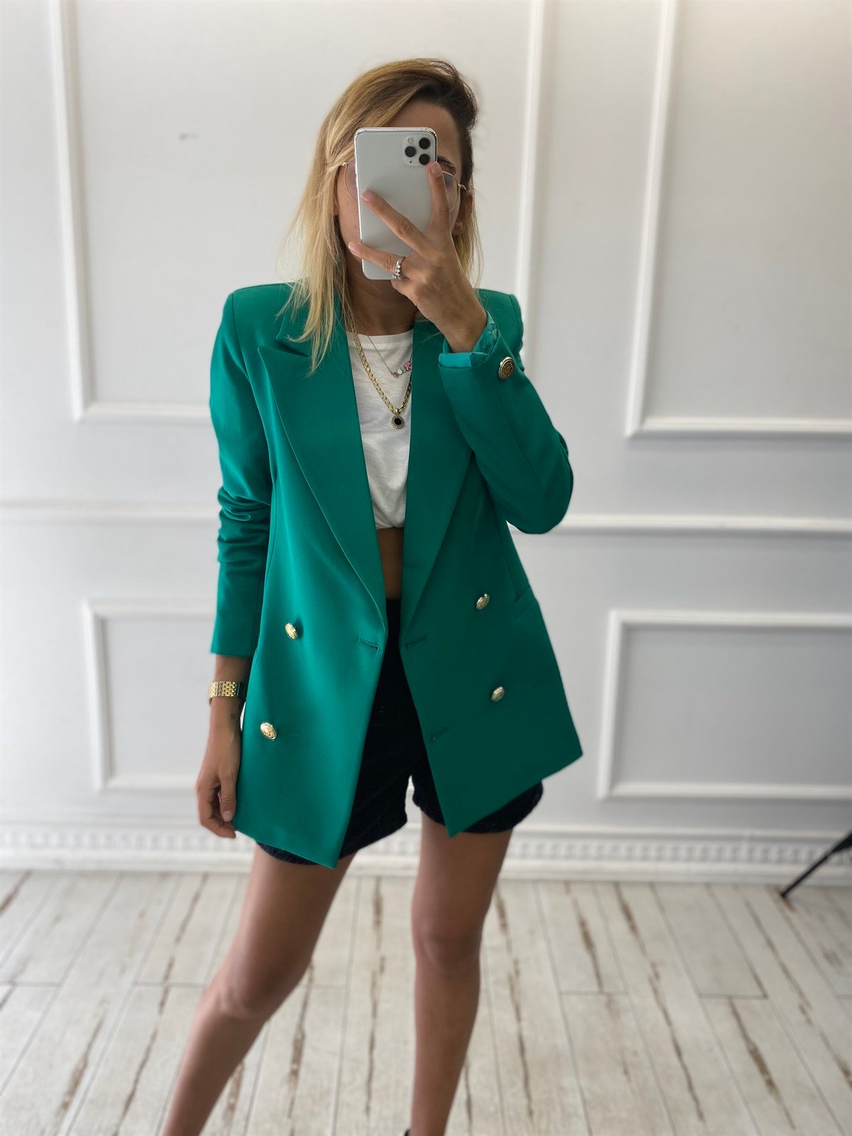 Gold Düğmeli Yeşil Blazer Ceket
