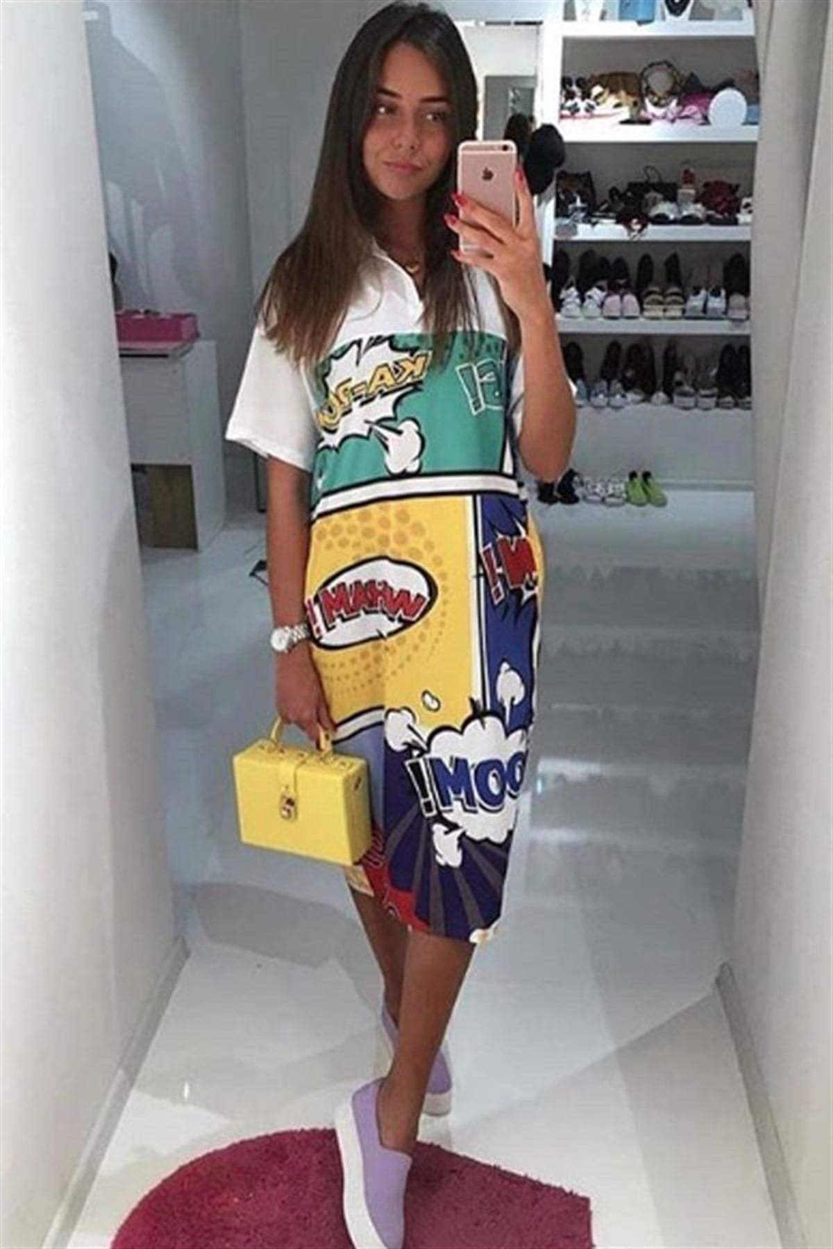 Gömlek Yaka Pop Art Baskılı Elbise