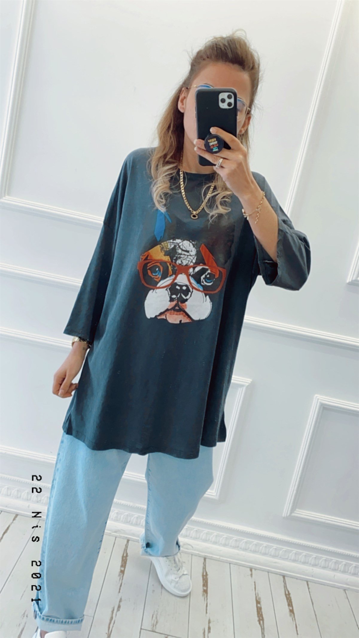 Gözlüklü French Buldog Baskılı Oversize Tshirt