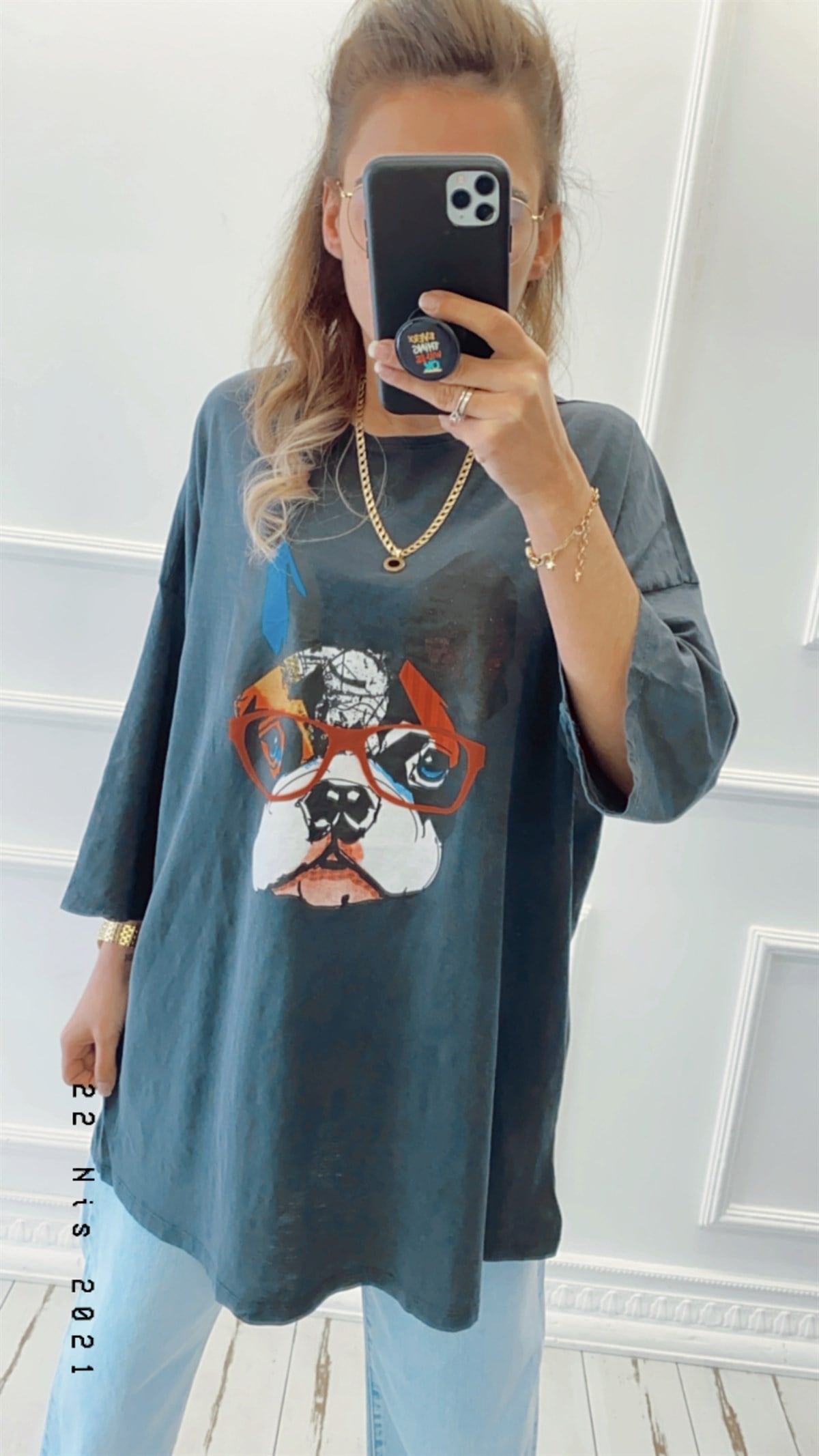 Gözlüklü French Buldog Baskılı Oversize Tshirt