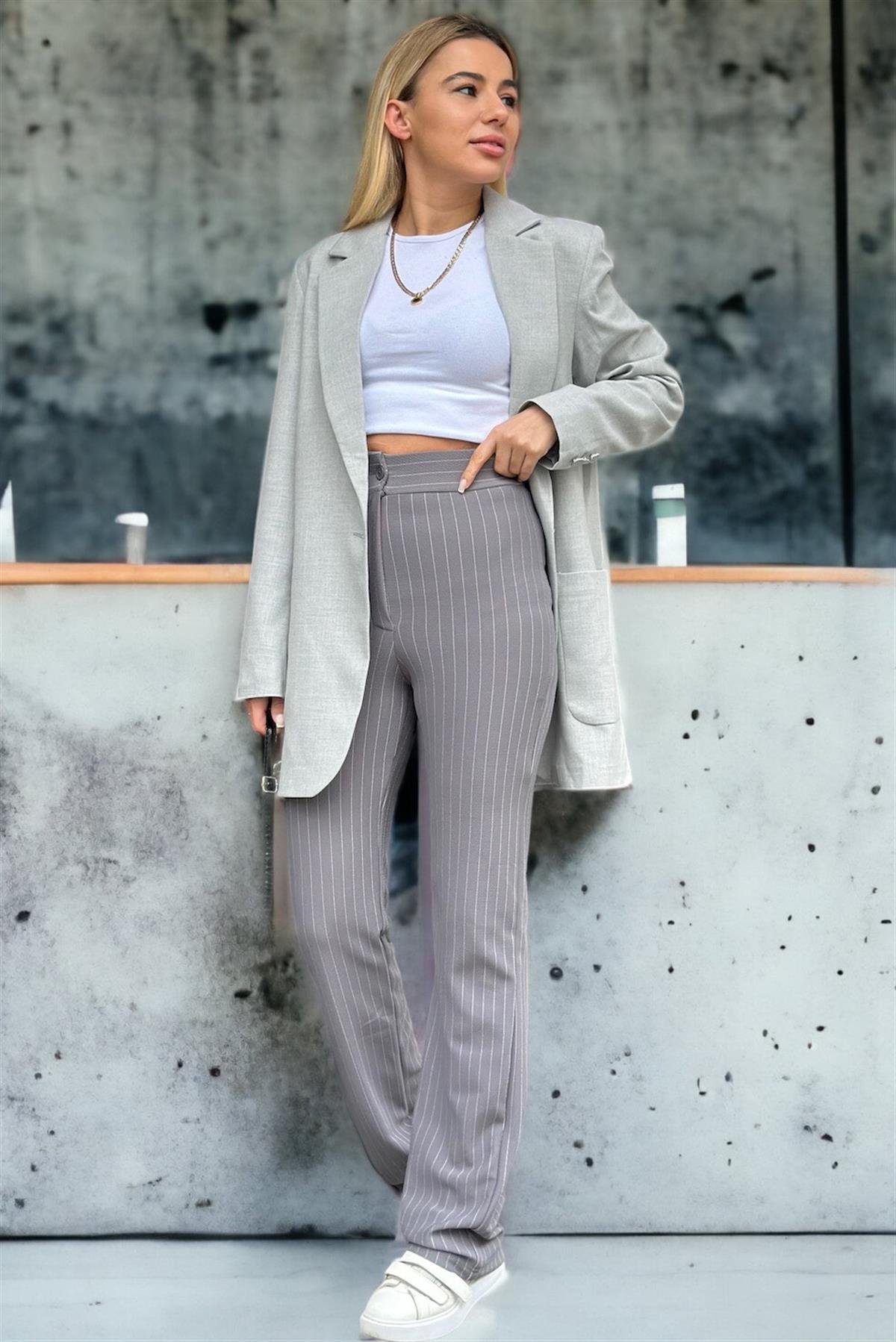 Gri Çizgili Likralı Kumaş Pantolon PANTOLON