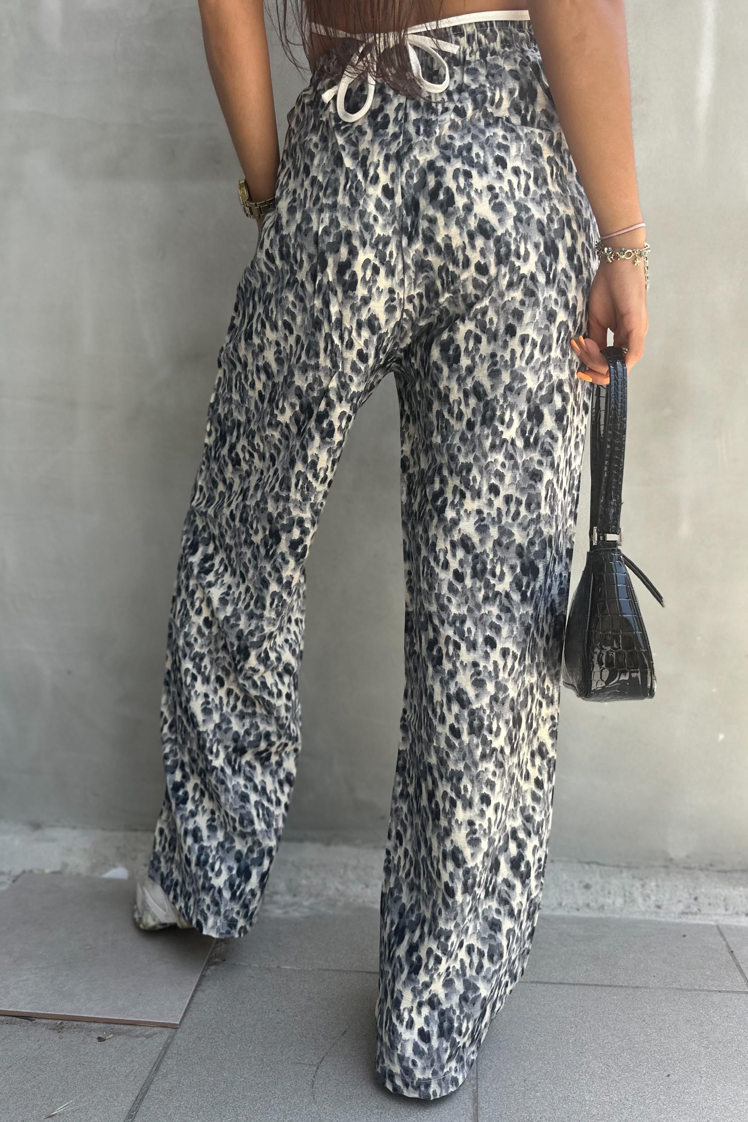 Gri Leopar Beli Lastikli PantolonPANTOLON