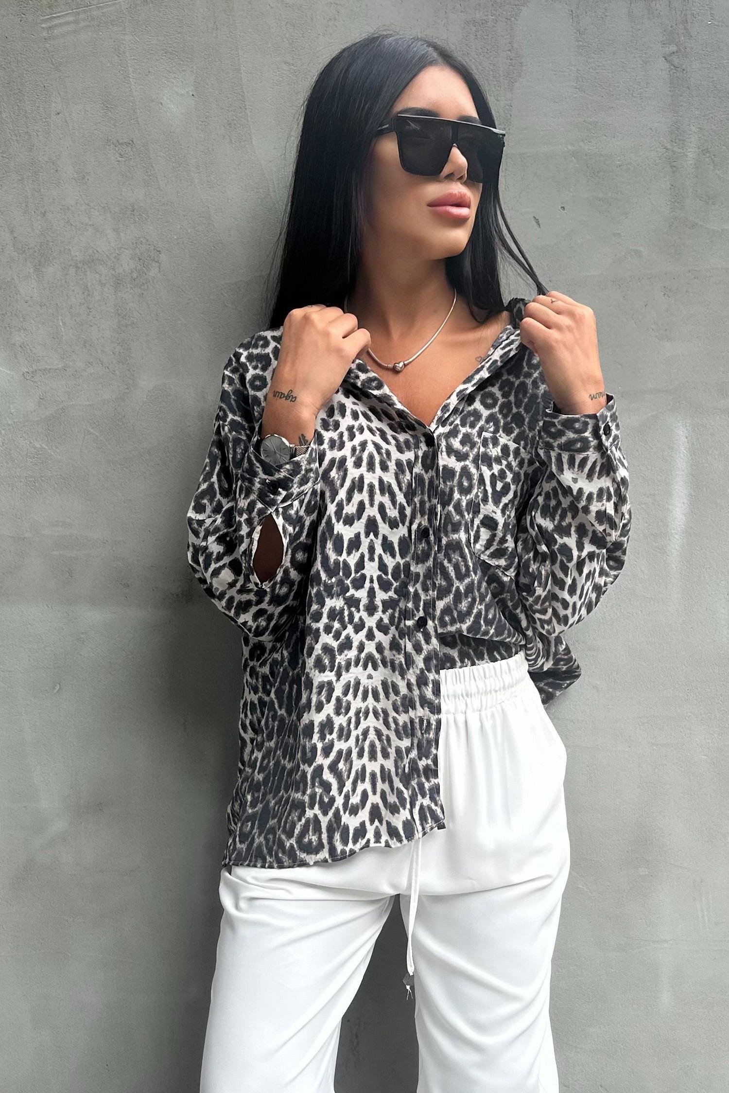 Gri Leopar Oversize GömlekGÖMLEK