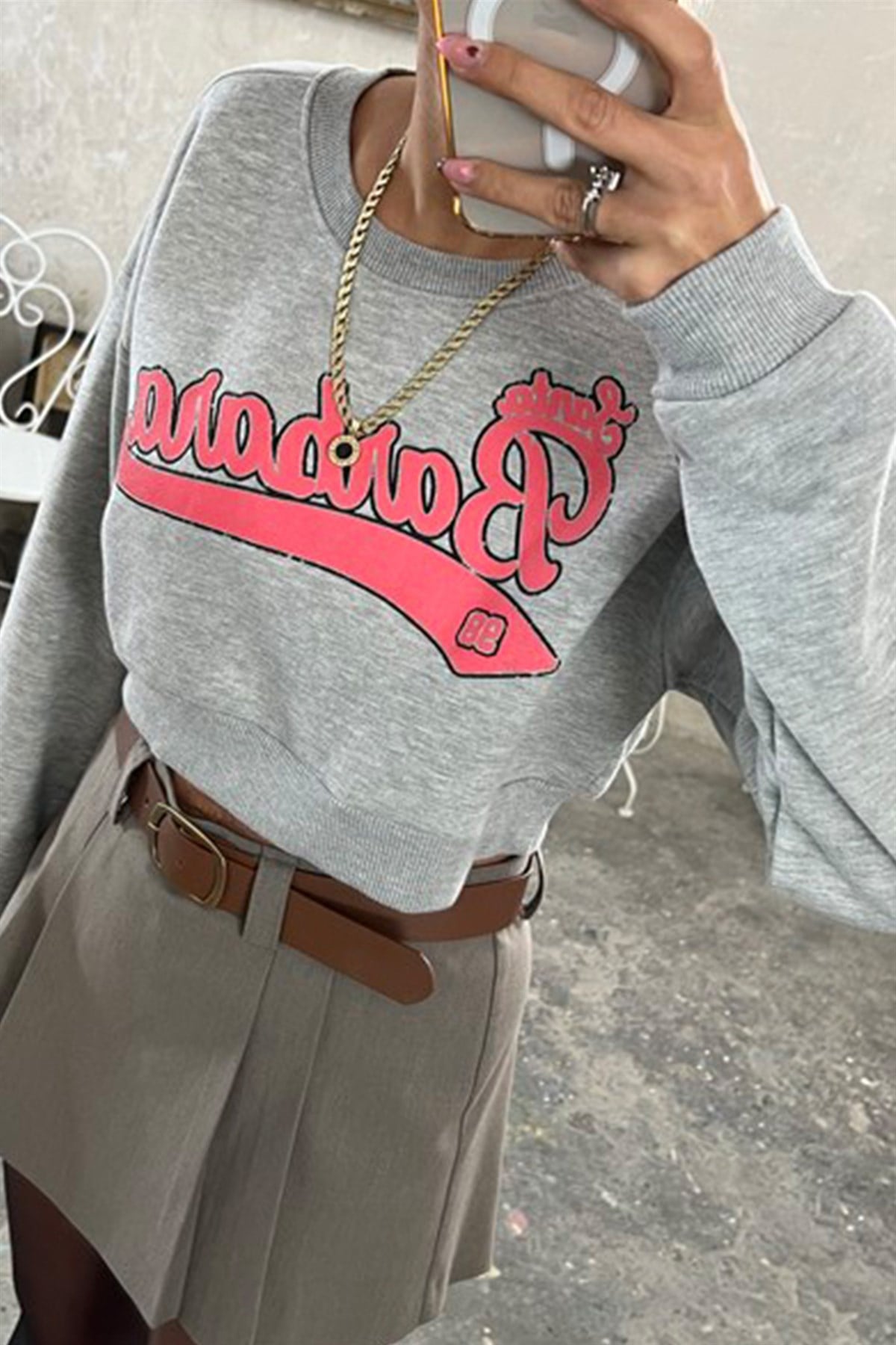 Gri Önü Baskılı Mini SweatshirtSWEATSHİRT