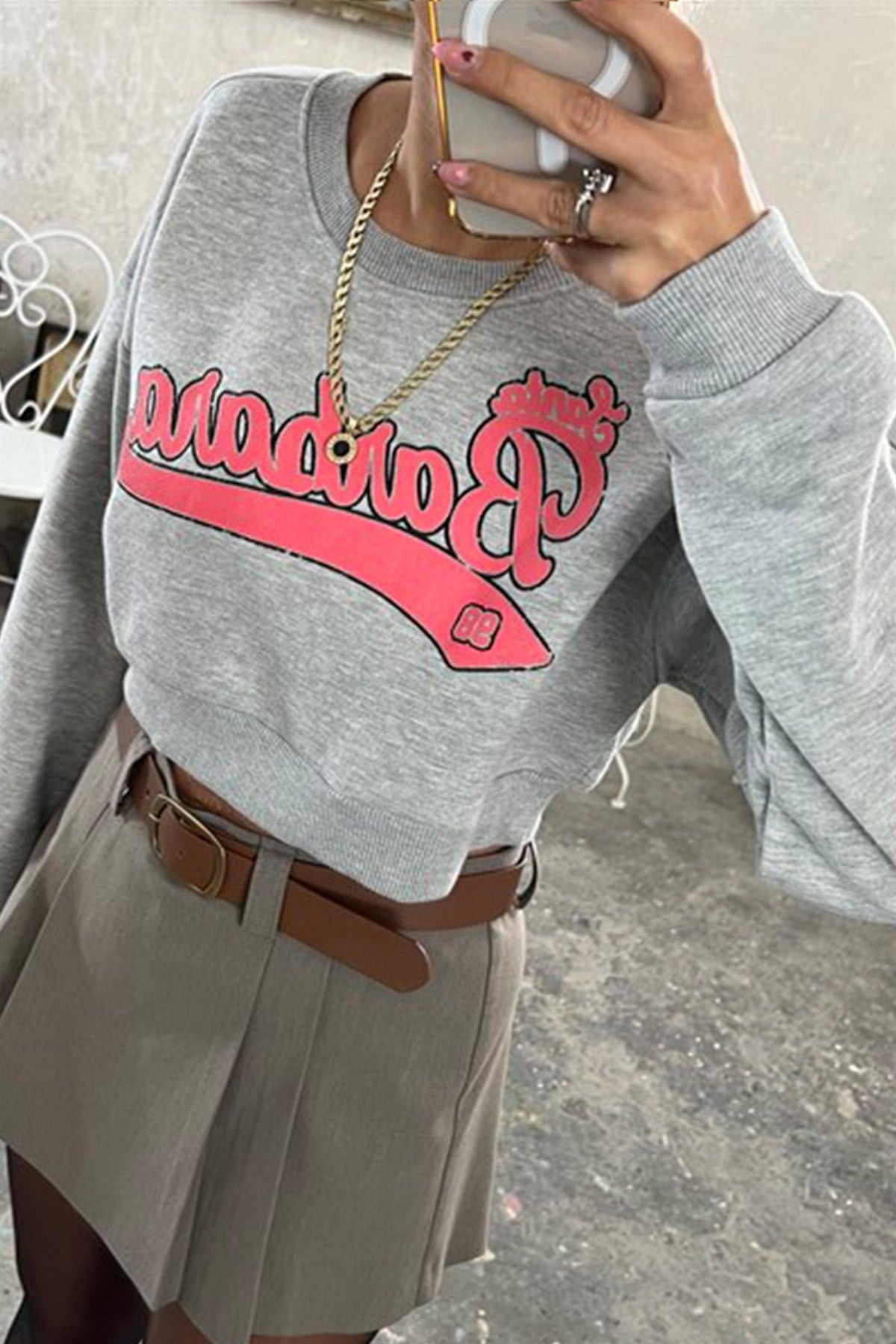 Gri Önü Baskılı Mini SweatshirtSWEATSHİRT