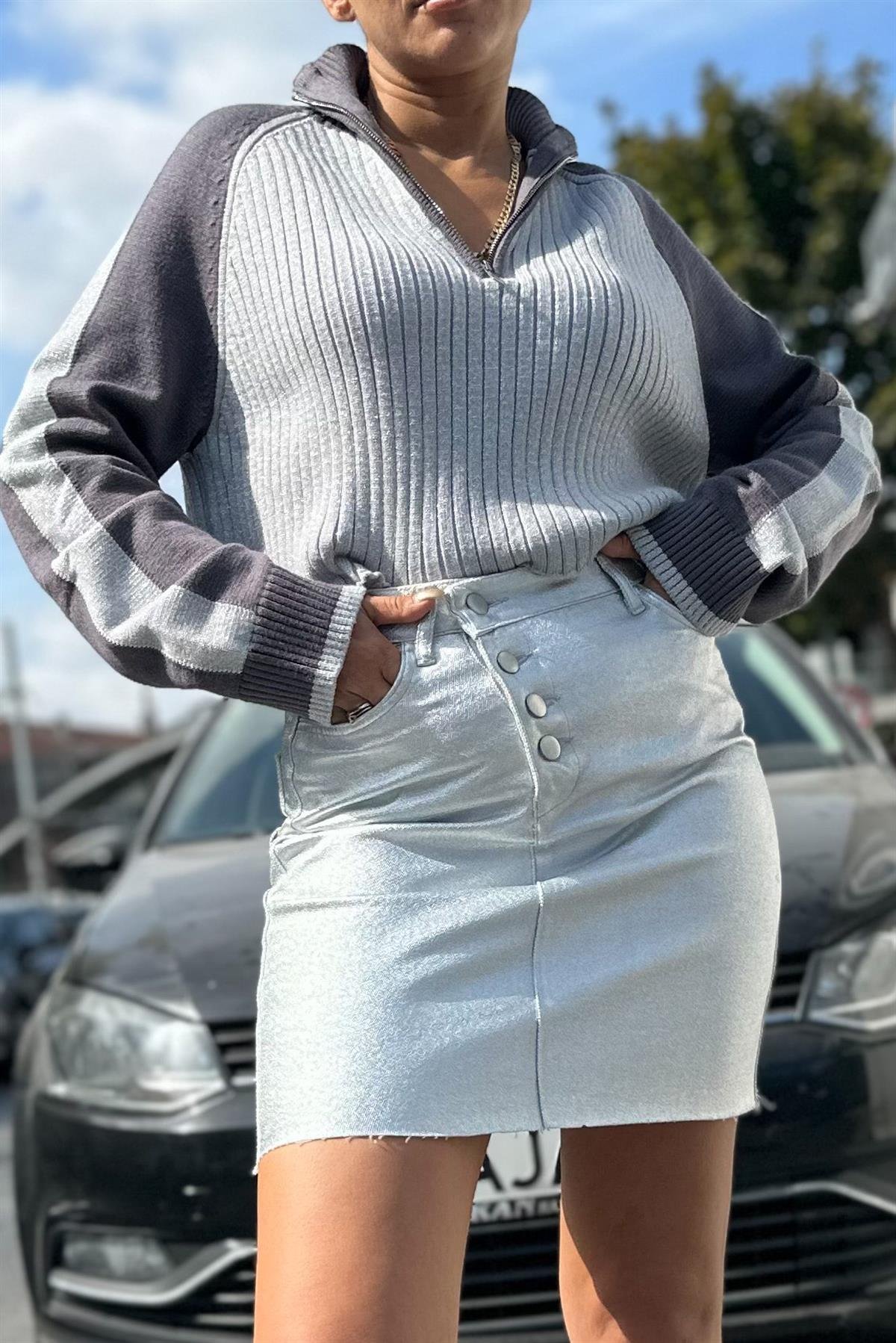 Gri Simli Fermuarlı KazakKAZAK