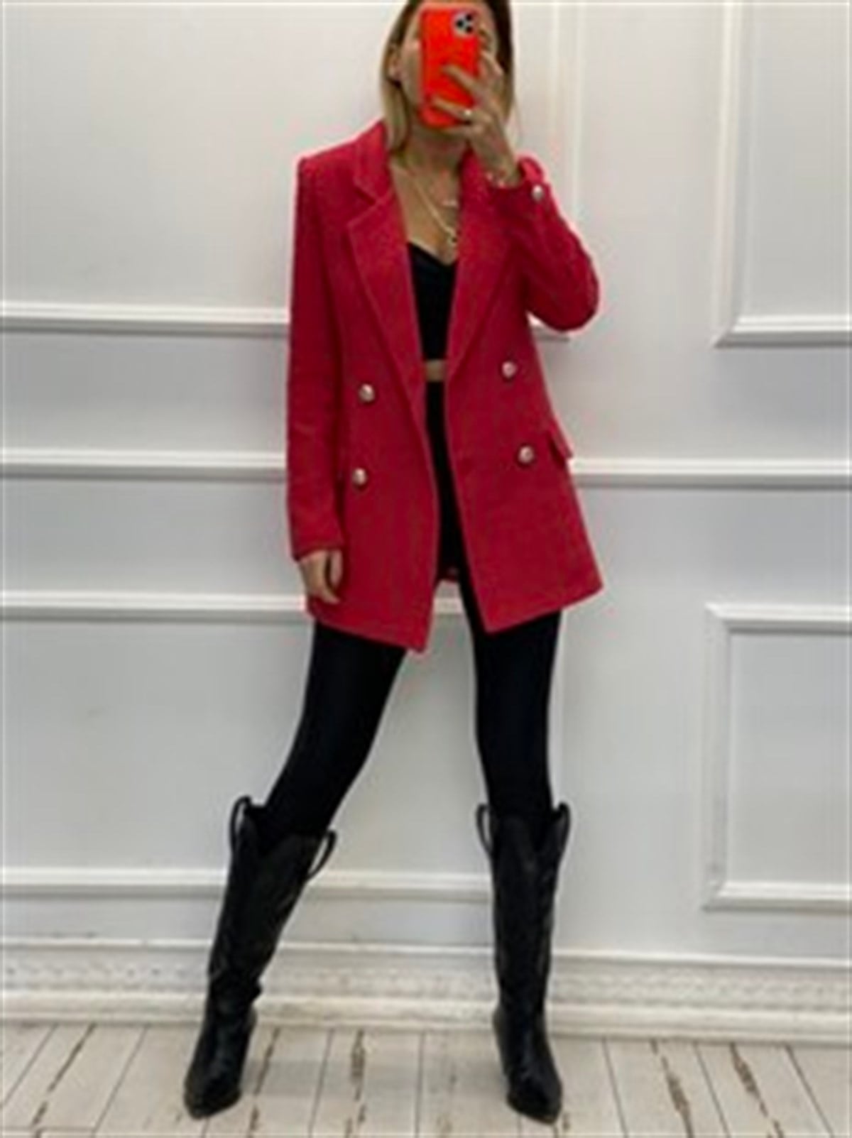 Gümüş Düğmeli Kırmızı Buklet CeketMONT/CEKET