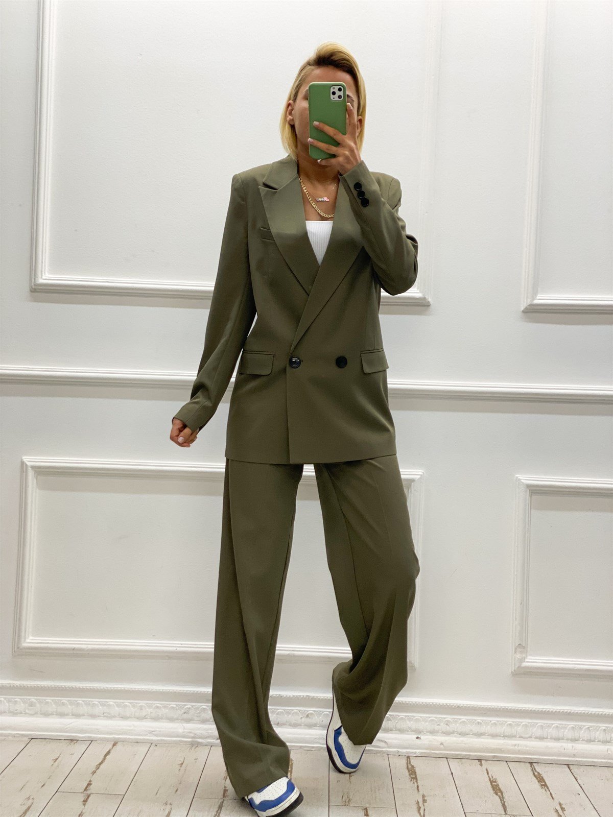 Haki Yeşili Blazer Ceket Palazzo Pantolon TakımTAKIMLAR