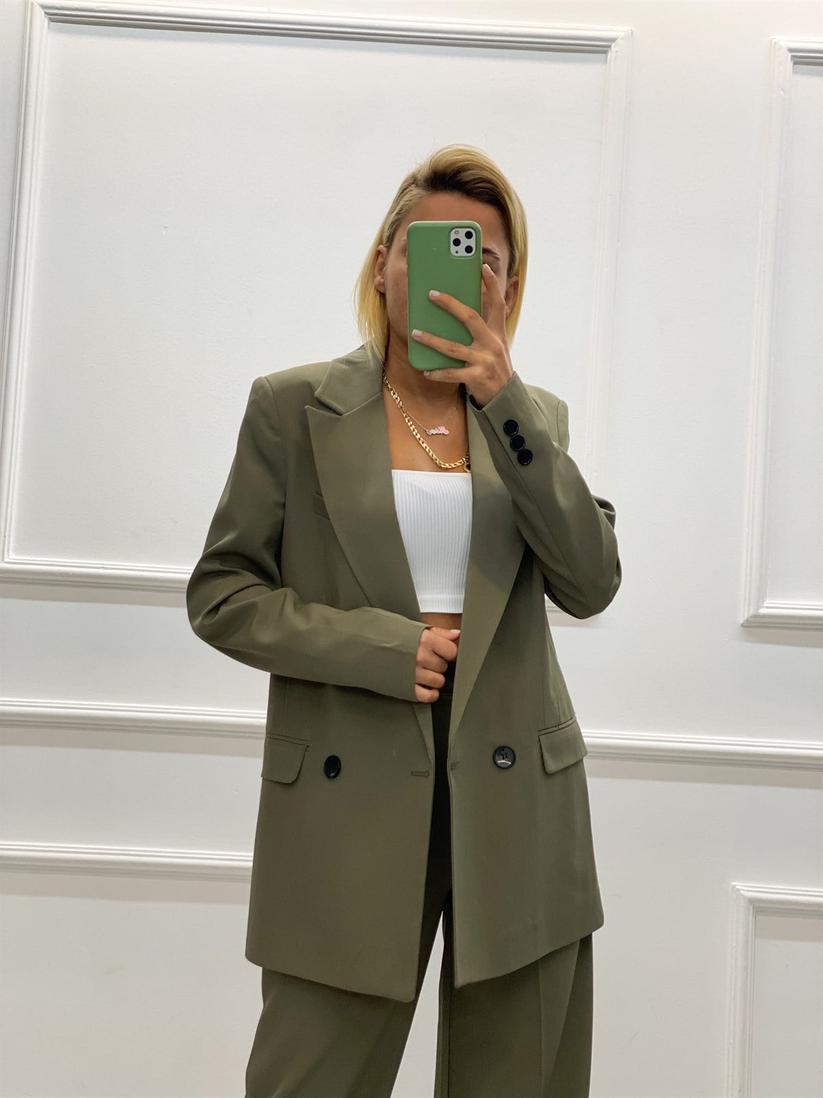Haki Yeşili Blazer Ceket Palazzo Pantolon TakımTAKIMLAR