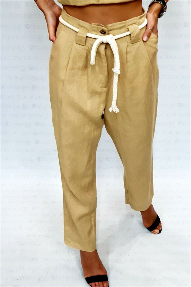 Halat Kuşaklı Keten Camel Havuç Pantalon