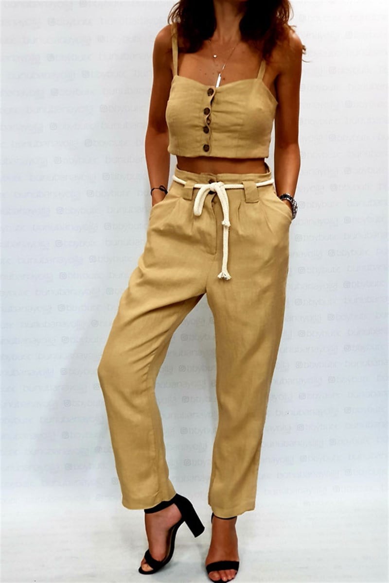 Halat Kuşaklı Keten Camel Havuç Pantalon