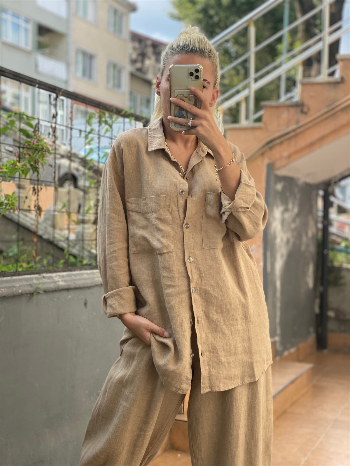 Ham Keten Oversize Camel GömlekGÖMLEK