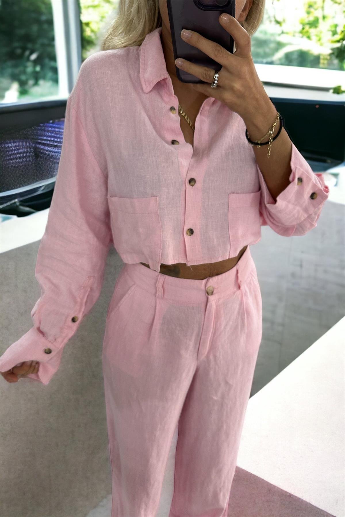 Ham Keten Pembe Mini GömlekBLUZ