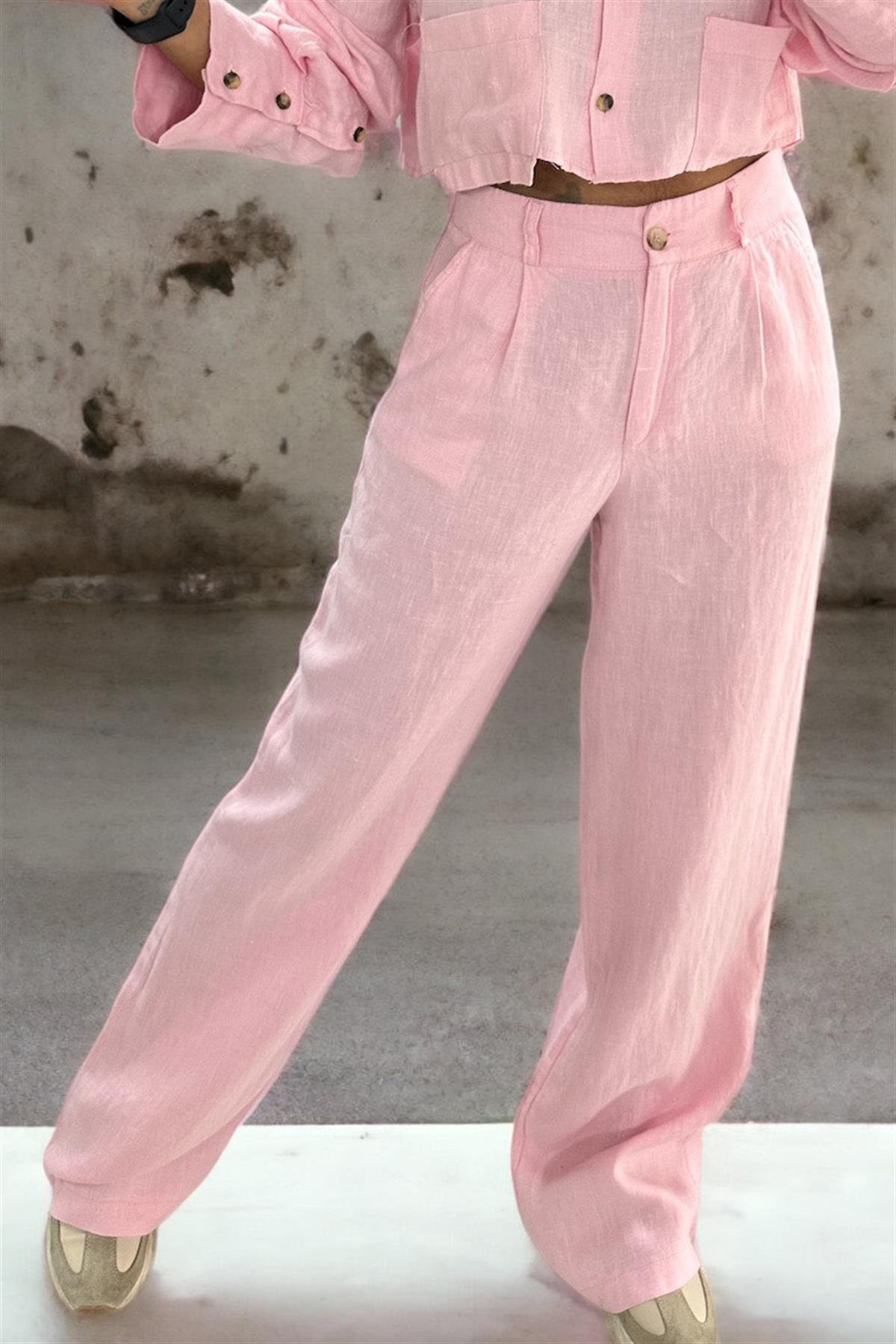 Ham Keten Pembe Palazzo PantolonPANTOLON