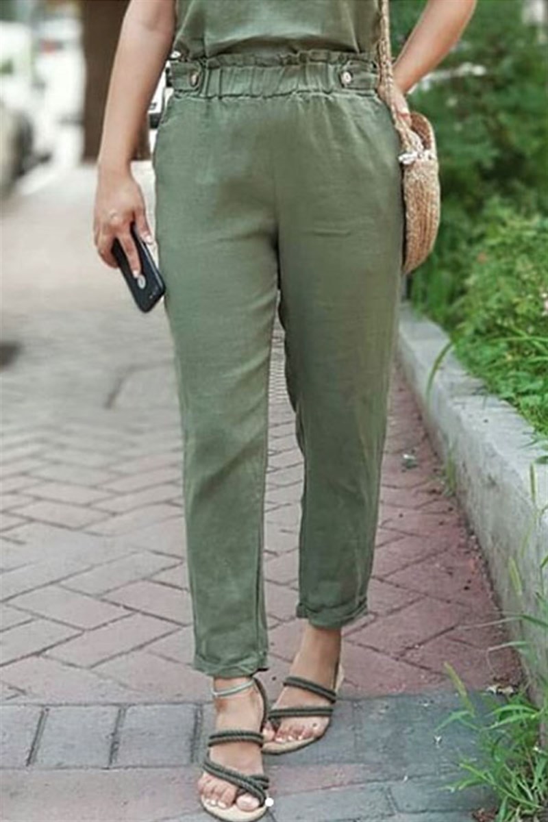 Havuç Kesim Düğme Detay Keten Pantalon