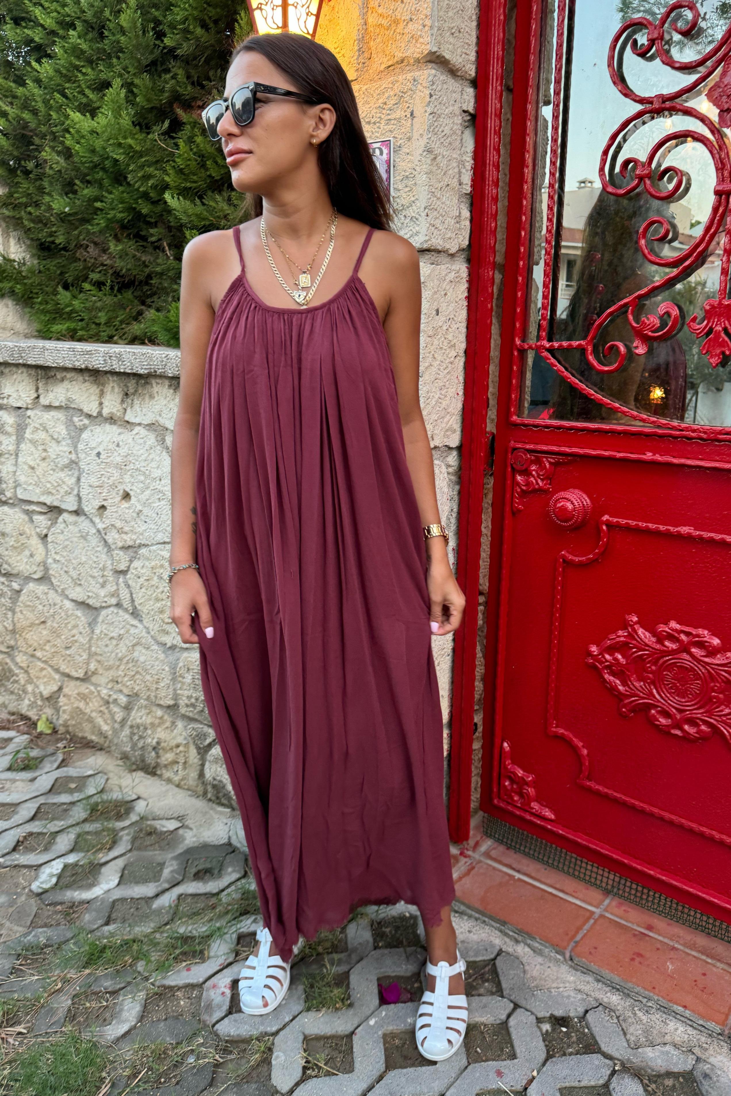 İnce Askılı Keten Bordo ElbiseELBİSE