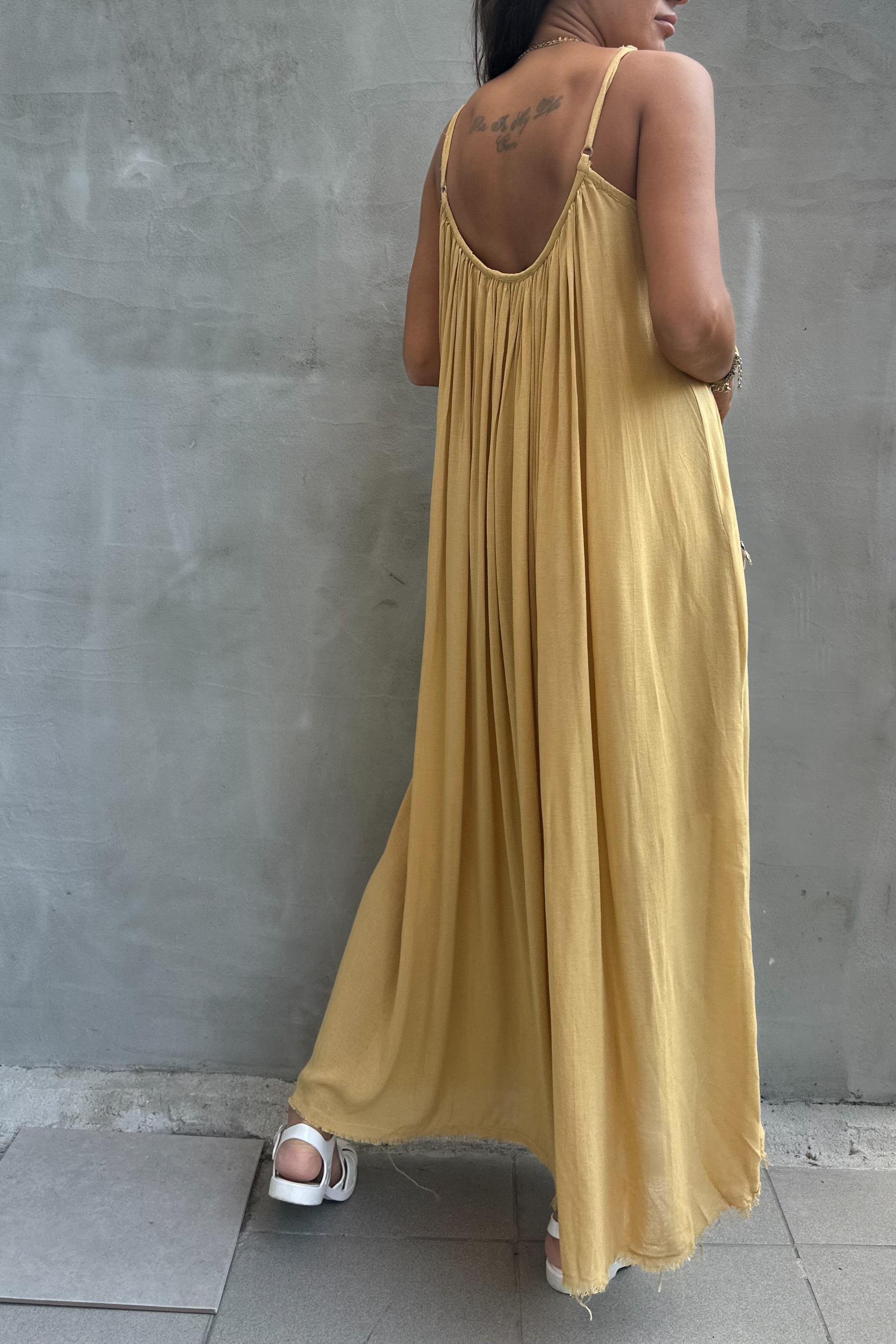 İnce Askılı Keten Hardal ElbiseELBİSE