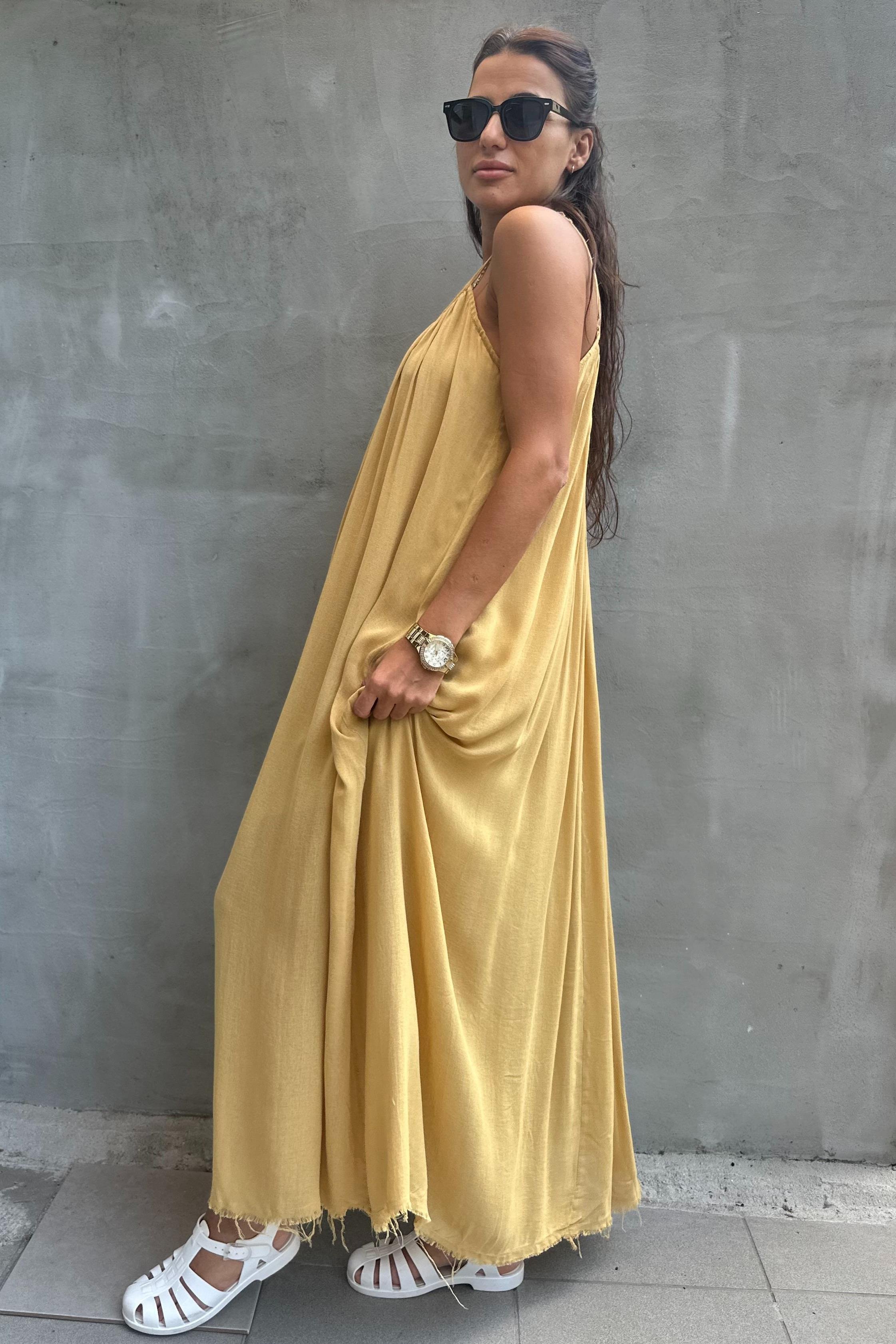 İnce Askılı Keten Hardal ElbiseELBİSE